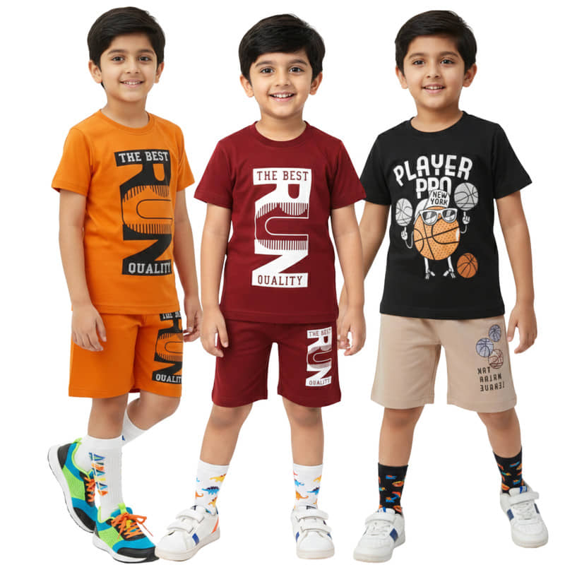 GTwo Boys Cotton Blend T-Shirt & Shorts Set ( Maroon , Pack of 3 )