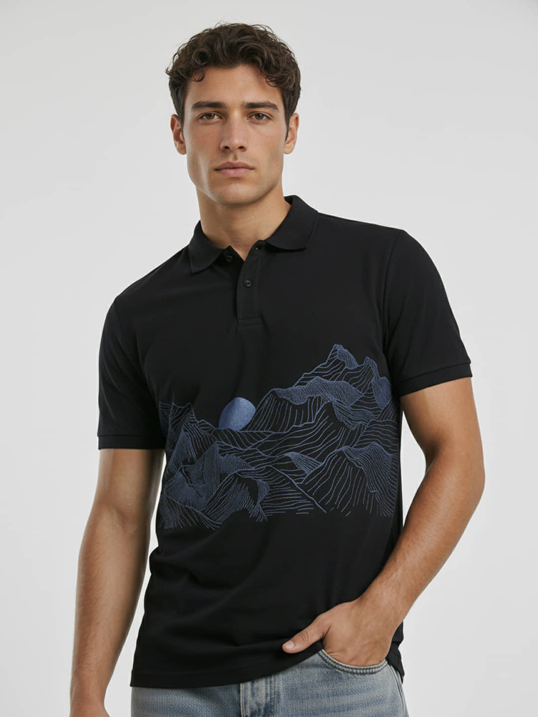 renuovo Men Cotton Blend Regular Fit Printed Polo T Shirt ( Black )