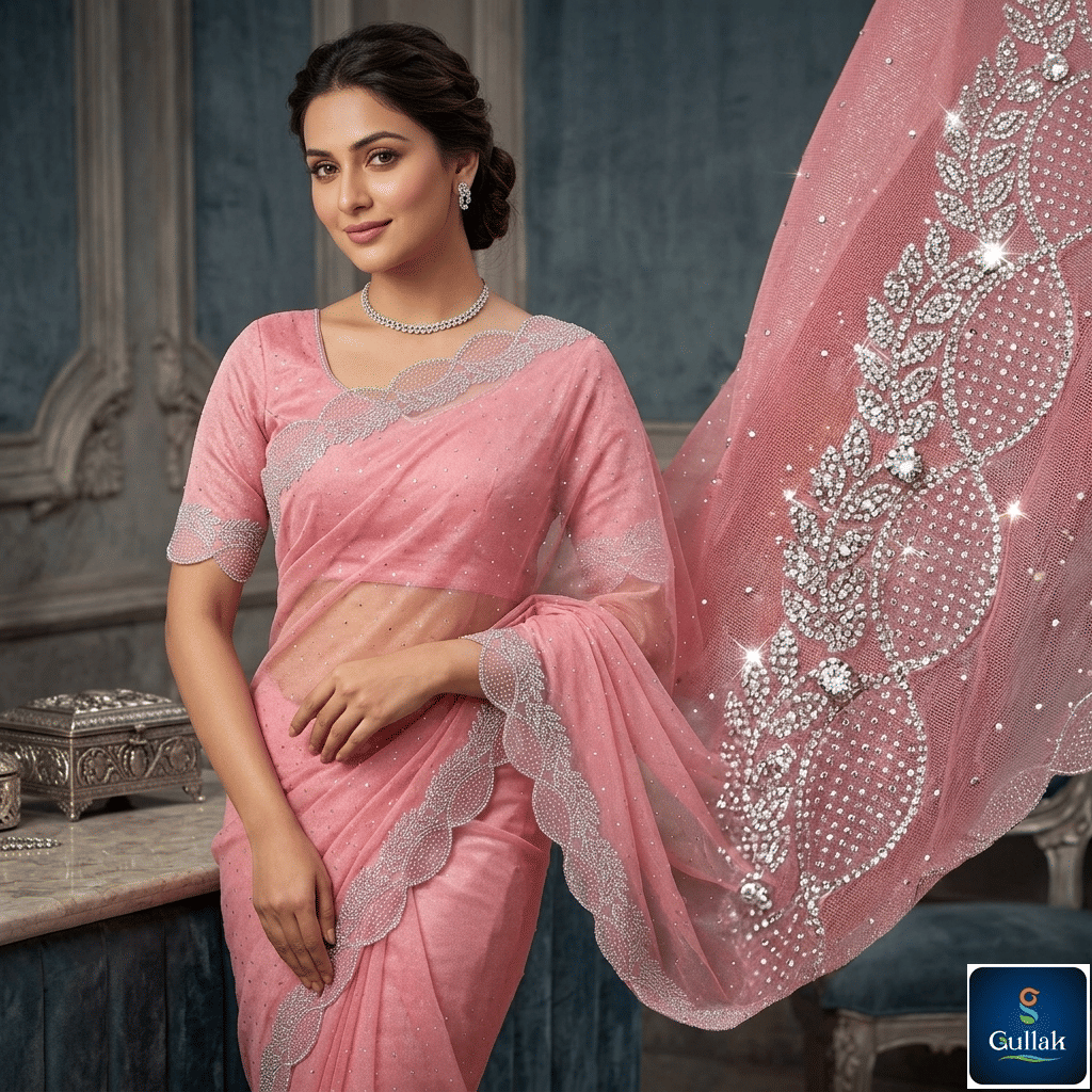 Gullak Jimmy Choo Embellished Regular Saree With Unstitched Blouse Piece ( Pink ) - Sarees | Buy online on ZillyBuy