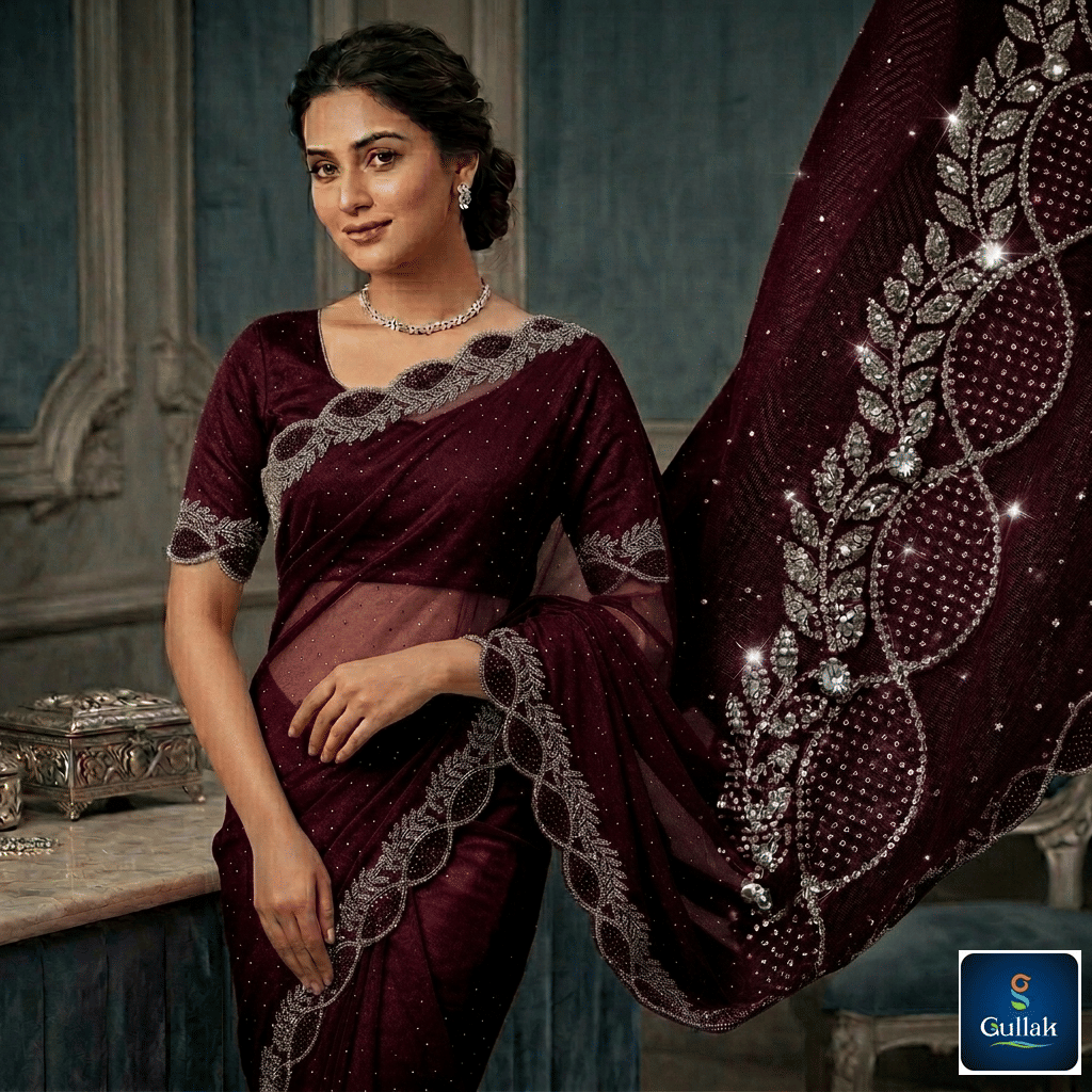 Gullak Jimmy Choo Embellished Regular Saree With Unstitched Blouse Piece ( Purple ) - Sarees | Buy online on ZillyBuy