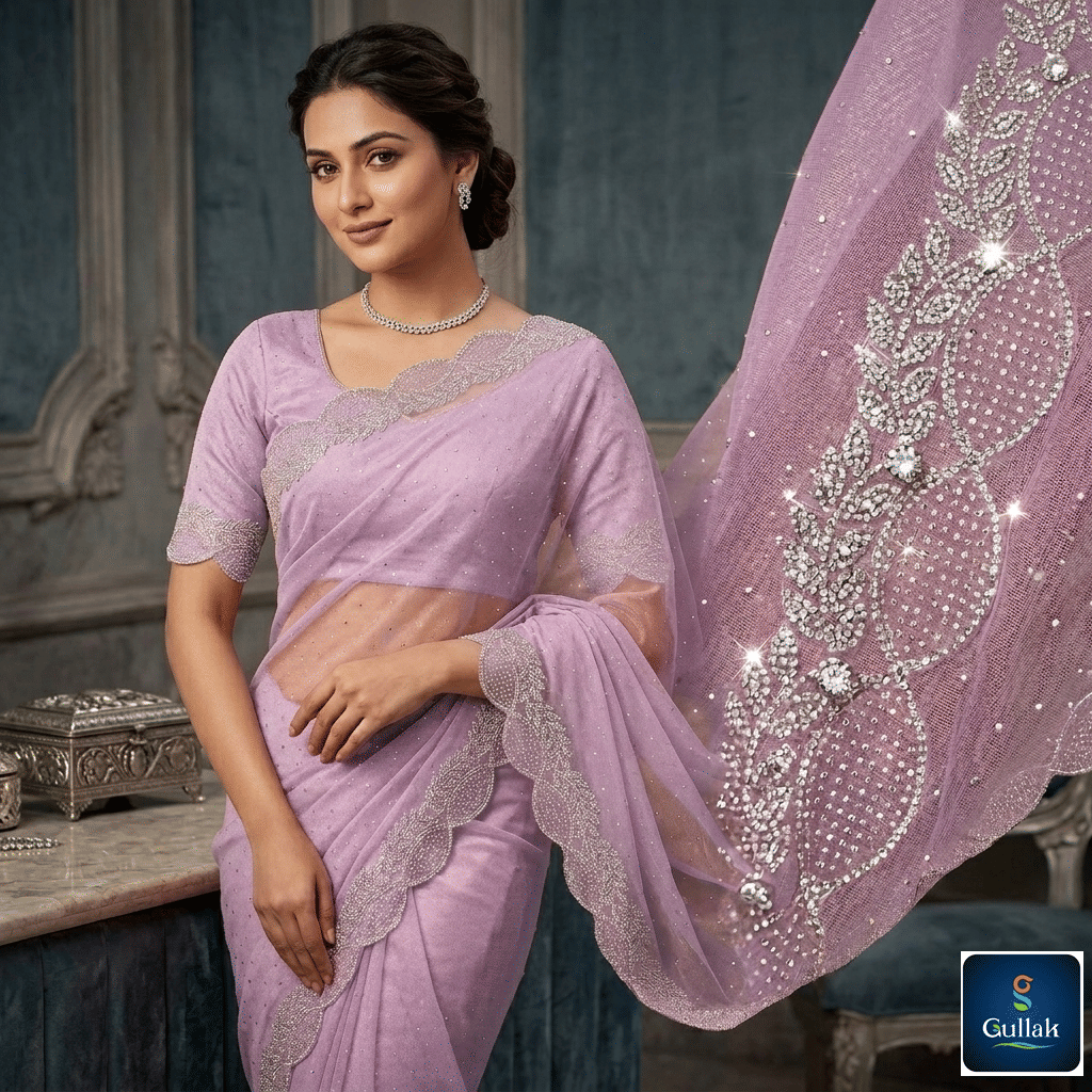 Gullak Jimmy Choo Embellished Regular Saree With Unstitched Blouse Piece ( Lavender ) - Sarees | Buy online on ZillyBuy