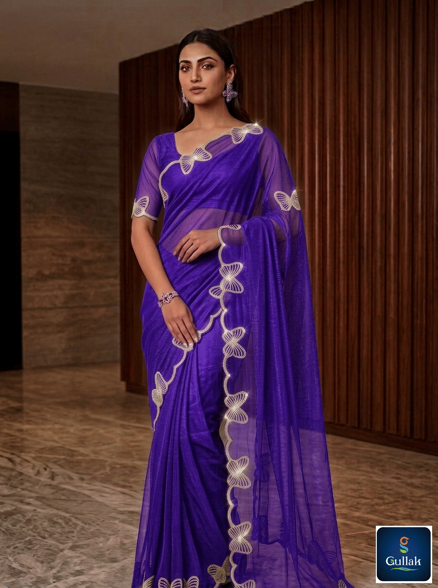 Gullak Net Embellished Regular Saree With Unstitched Blouse Piece ( Purple )