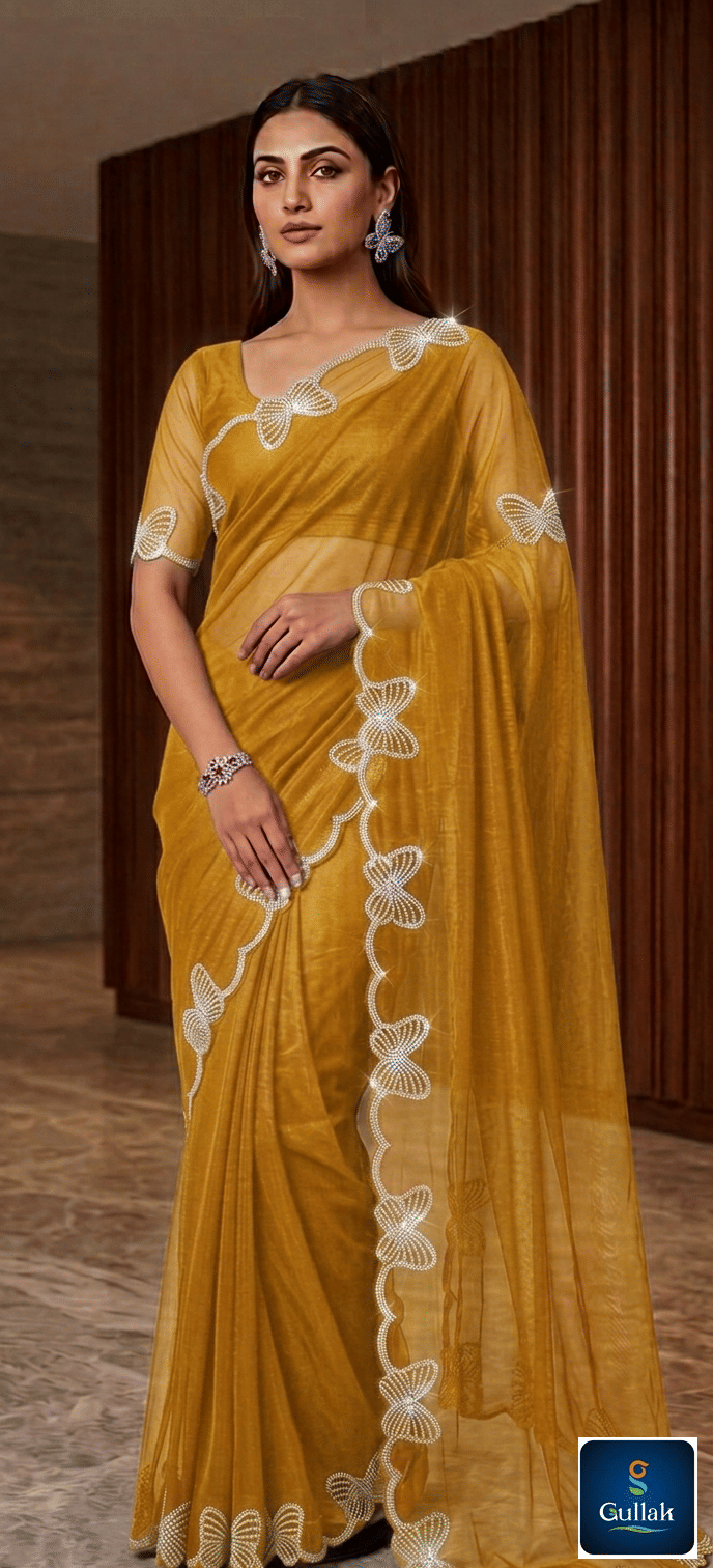 Gullak Net Embellished Regular Saree With Unstitched Blouse Piece ( Yellow ) - Sarees | Buy online on ZillyBuy