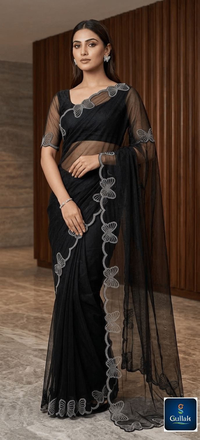 Gullak Net Embellished Regular Saree With Unstitched Blouse Piece ( Black ) - Sarees | Buy online on ZillyBuy