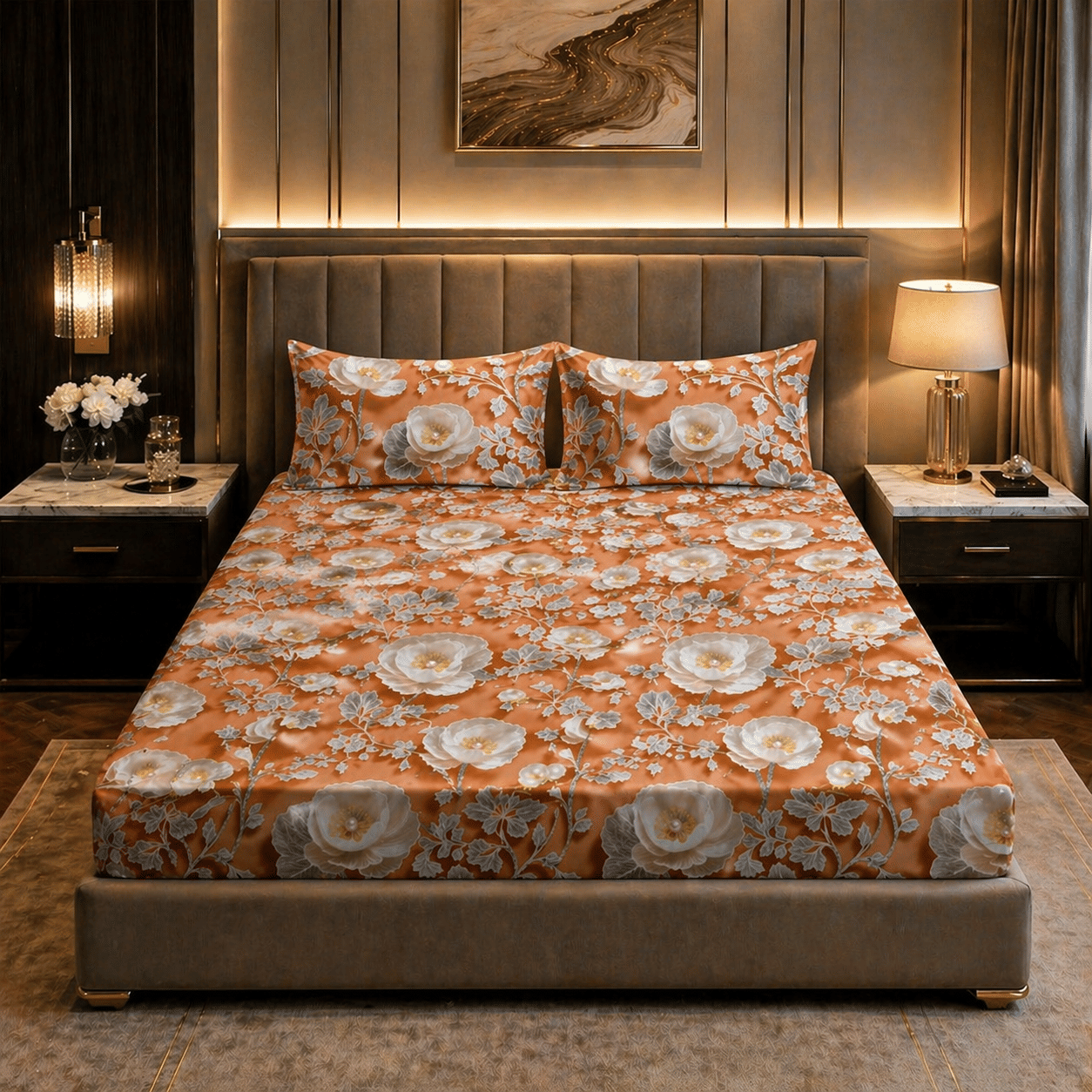 SWIZIER Cotton 1 King Fitted Bedsheet with 2 Pillow Covers ( 198 cm x 182 cm ) , Orange