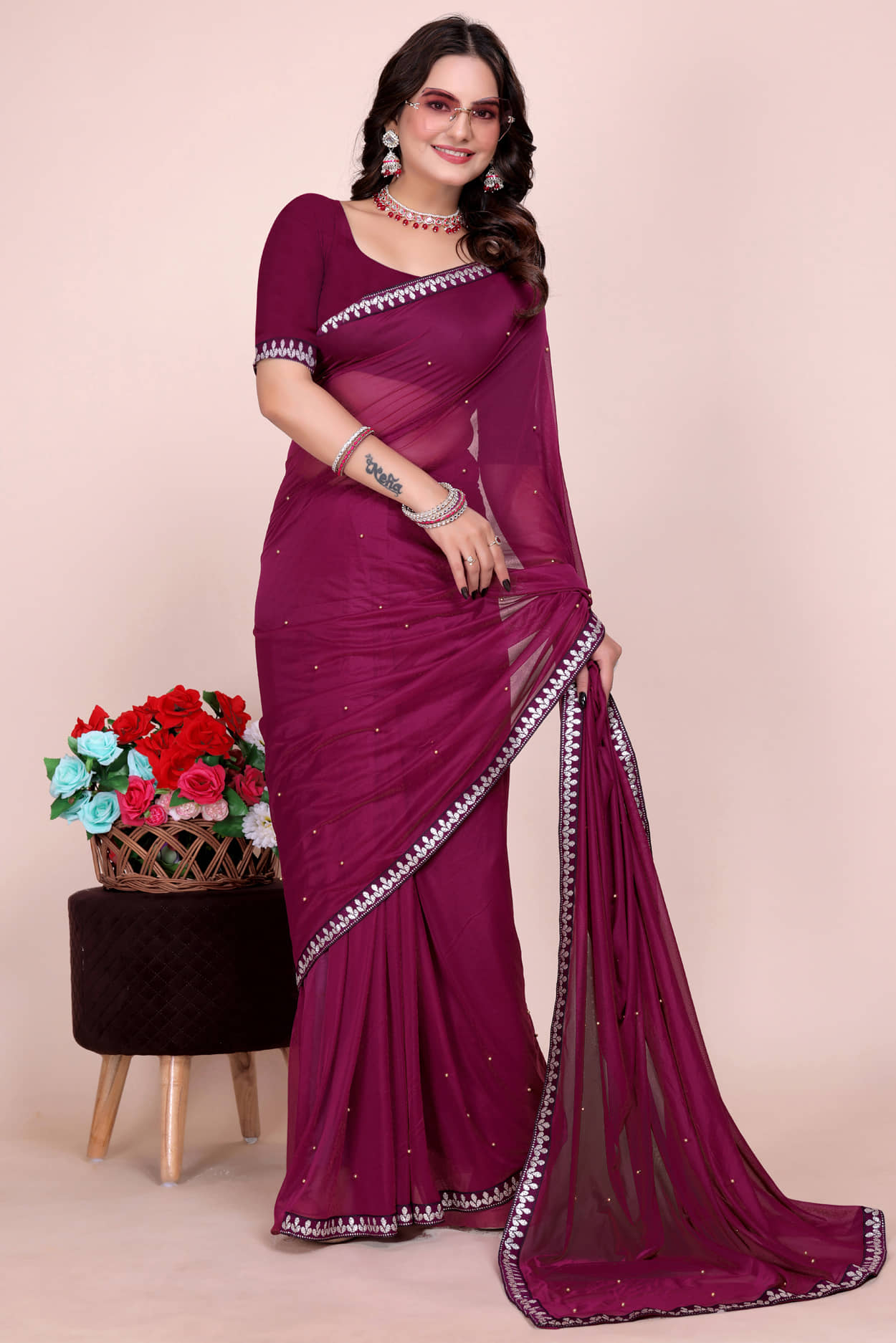 Saadhvi Lycra Embellished Regular Saree With Unstitched Blouse Piece ( Purple )