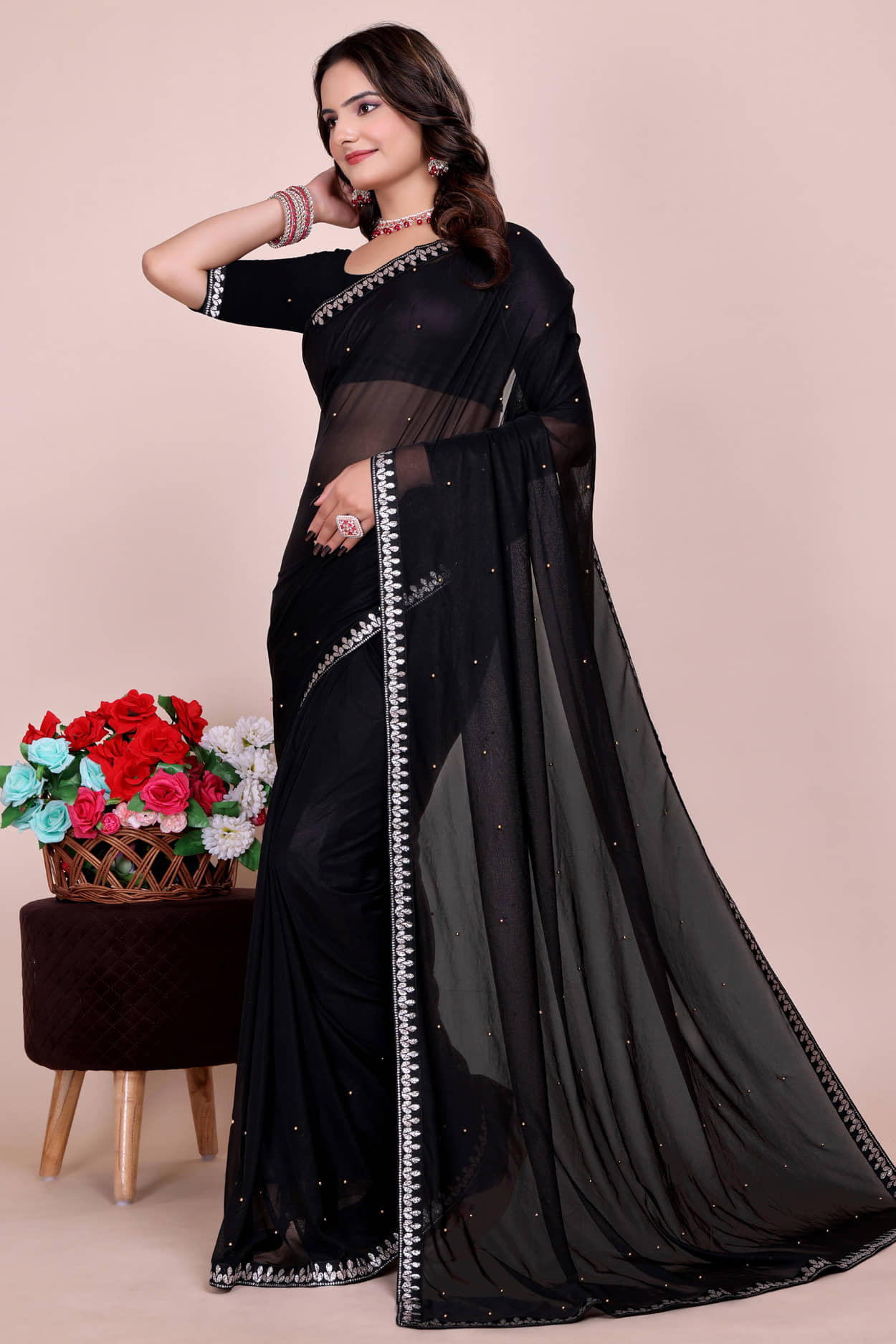 Samai Lycra Embellished Regular Saree With Unstitched Blouse Piece ( Black ) - Sarees | Buy online on ZillyBuy
