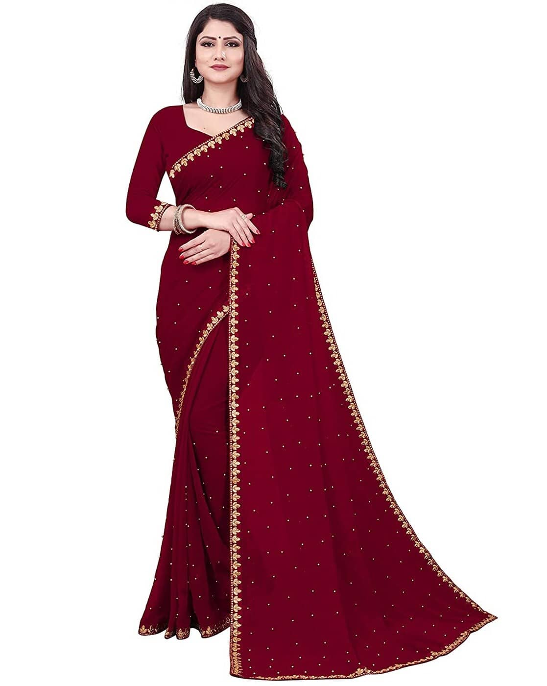 Suntex Lycra Embellished Regular Saree With Unstitched Blouse Piece ( Maroon ) - Sarees | Buy online on ZillyBuy