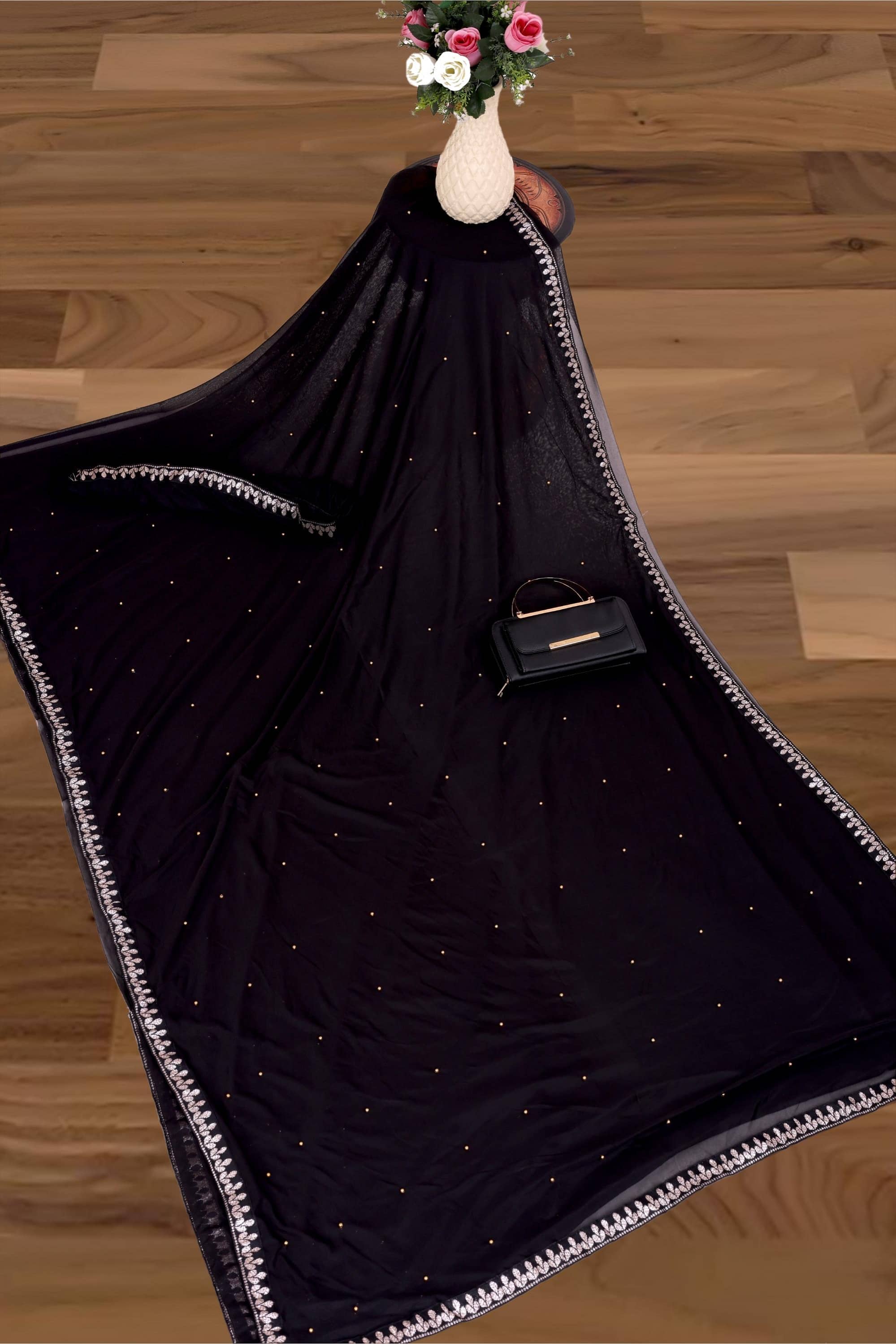 Vkaran Lycra Embellished Regular Saree With Unstitched Blouse Piece ( Black ) - Sarees | Buy online on ZillyBuy