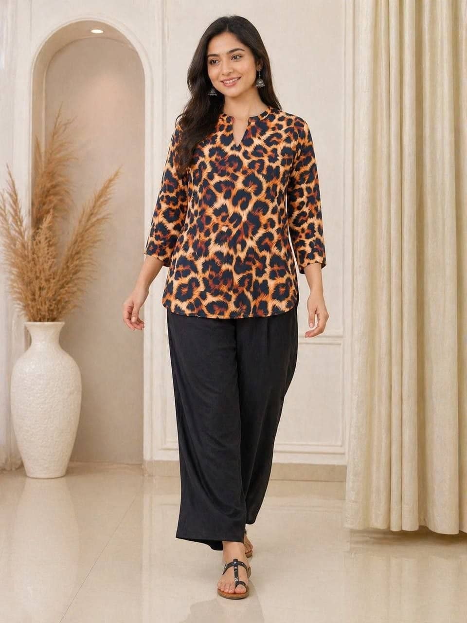 keshav fashion Women Printed Tunic With Palazzos Co-Ord Set ( Black )