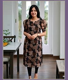 KALAMKARI SOUTH Women Organza Printed Straight Kurti ( Coffee )