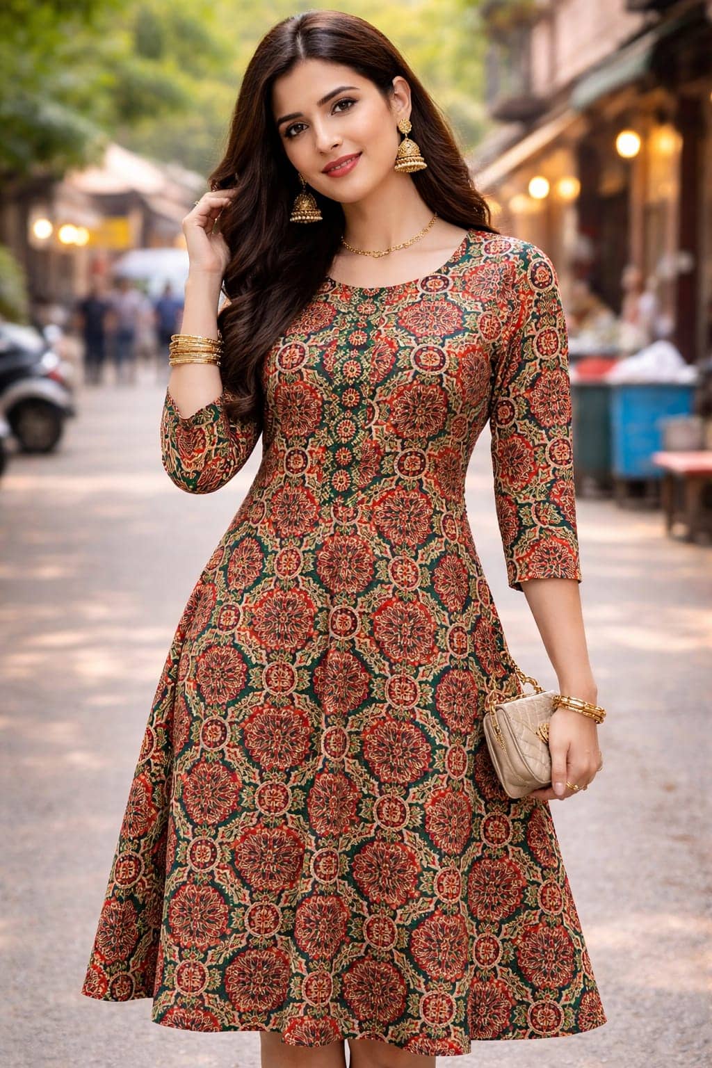 Frionkandy Women Cotton Printed A-line Dress ( Multicolor 2 )