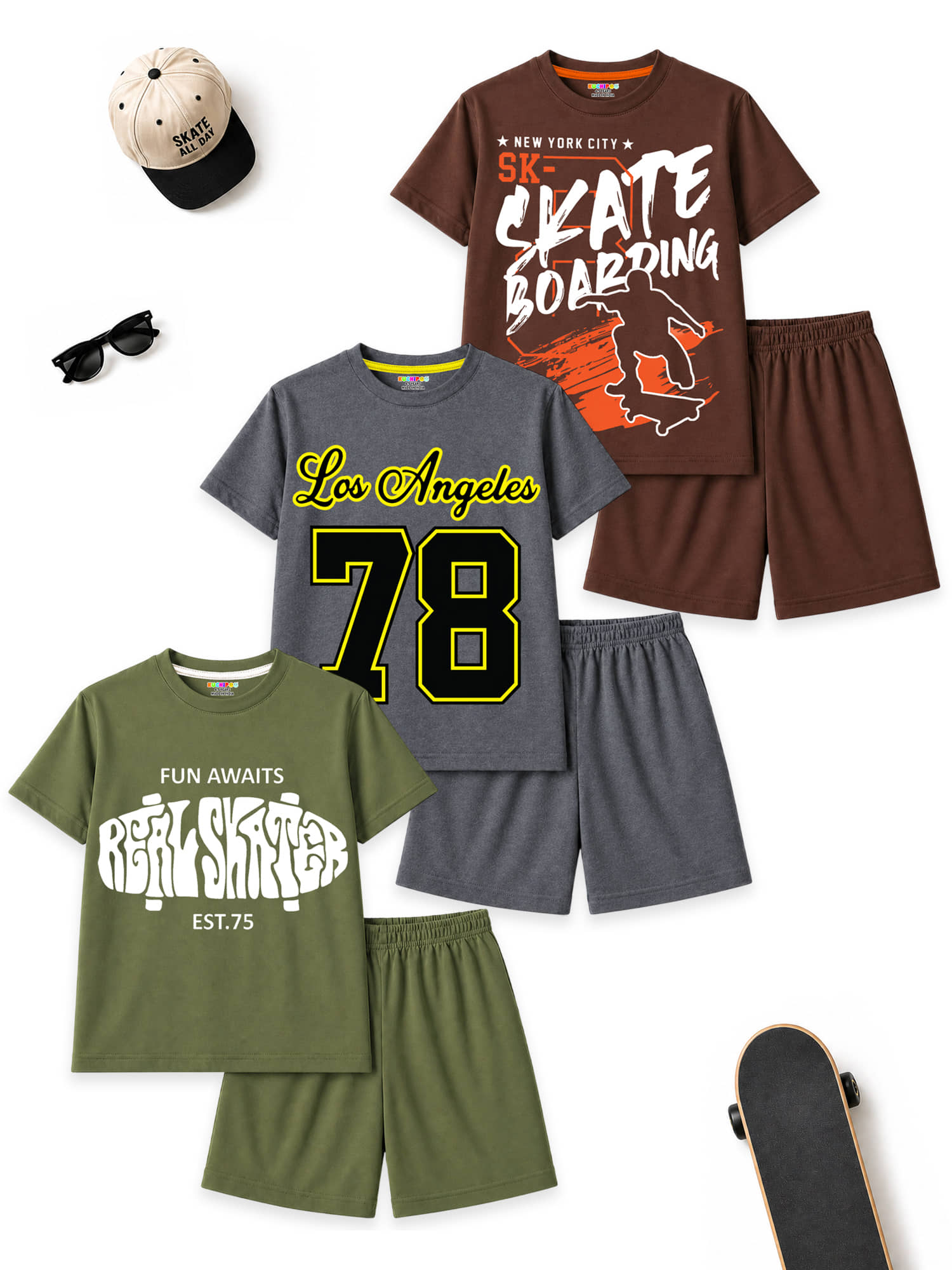 Kuchipoo Boys Cotton Blend T-Shirt & Shorts Set ( Multicolor 11 , Pack of 3 )
