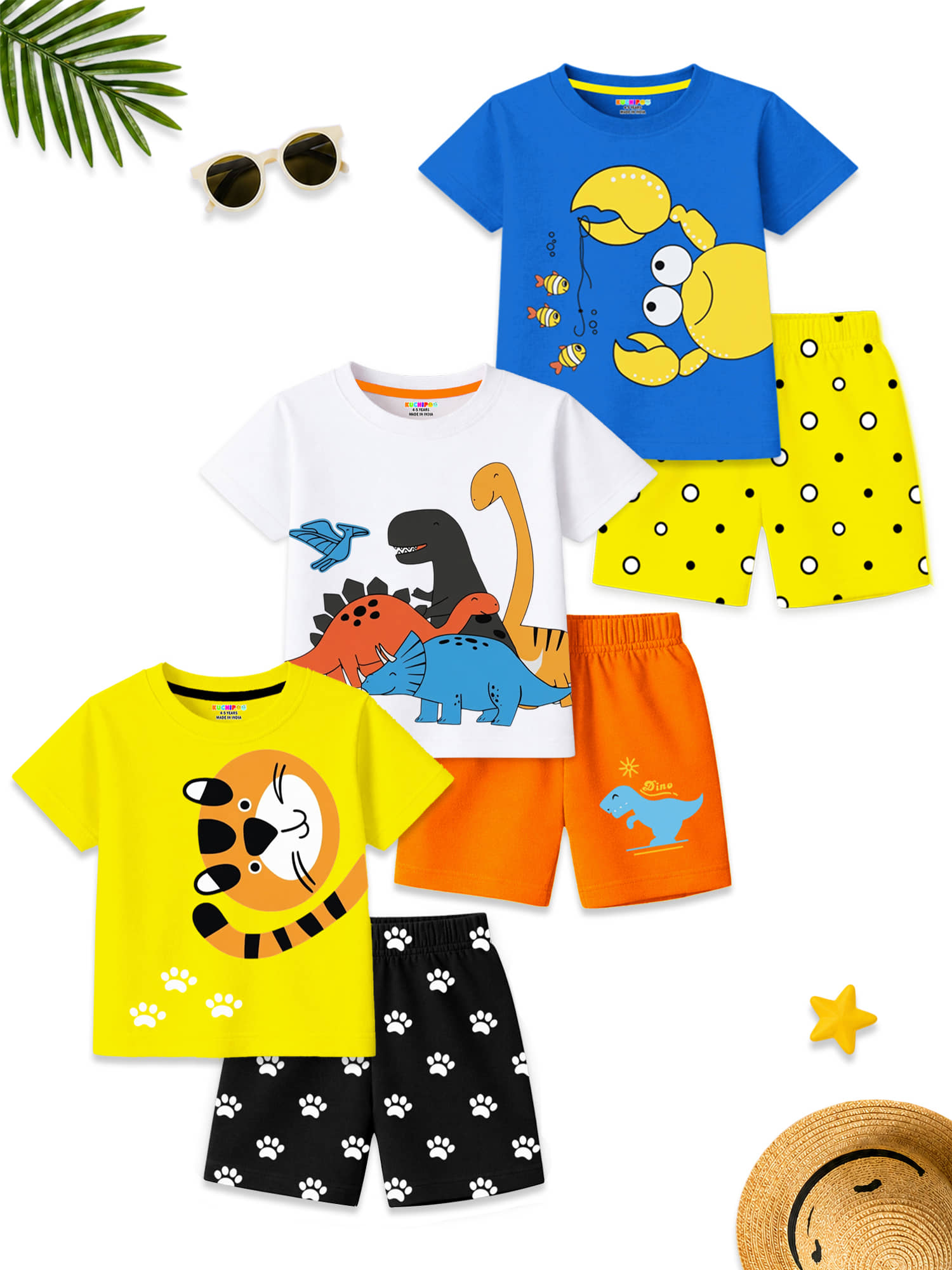 Kuchipoo Boys Cotton Blend T-Shirt & Shorts Set ( Multicolor 3 , Pack of 3 )
