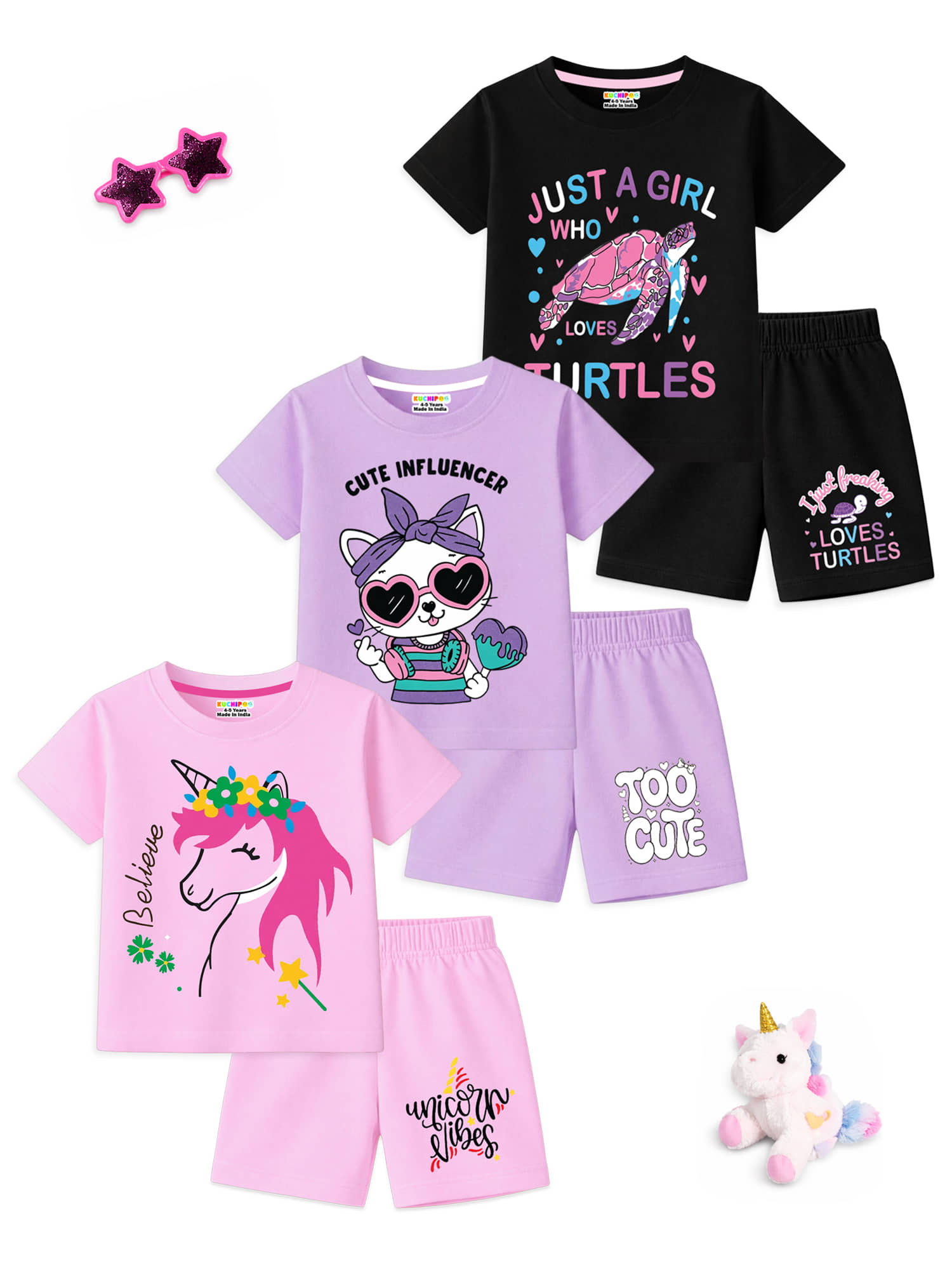Kuchipoo Girls Cotton Blend T-shirt & Shorts Set ( Multicolor 2 , Pack of 3 )