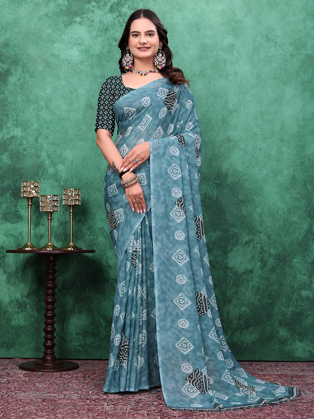 Kanooda Prints Georgette Printed Saree With Unstitched Blouse Piece ( Multicolor ) - Sarees | Buy online on ZillyBuy