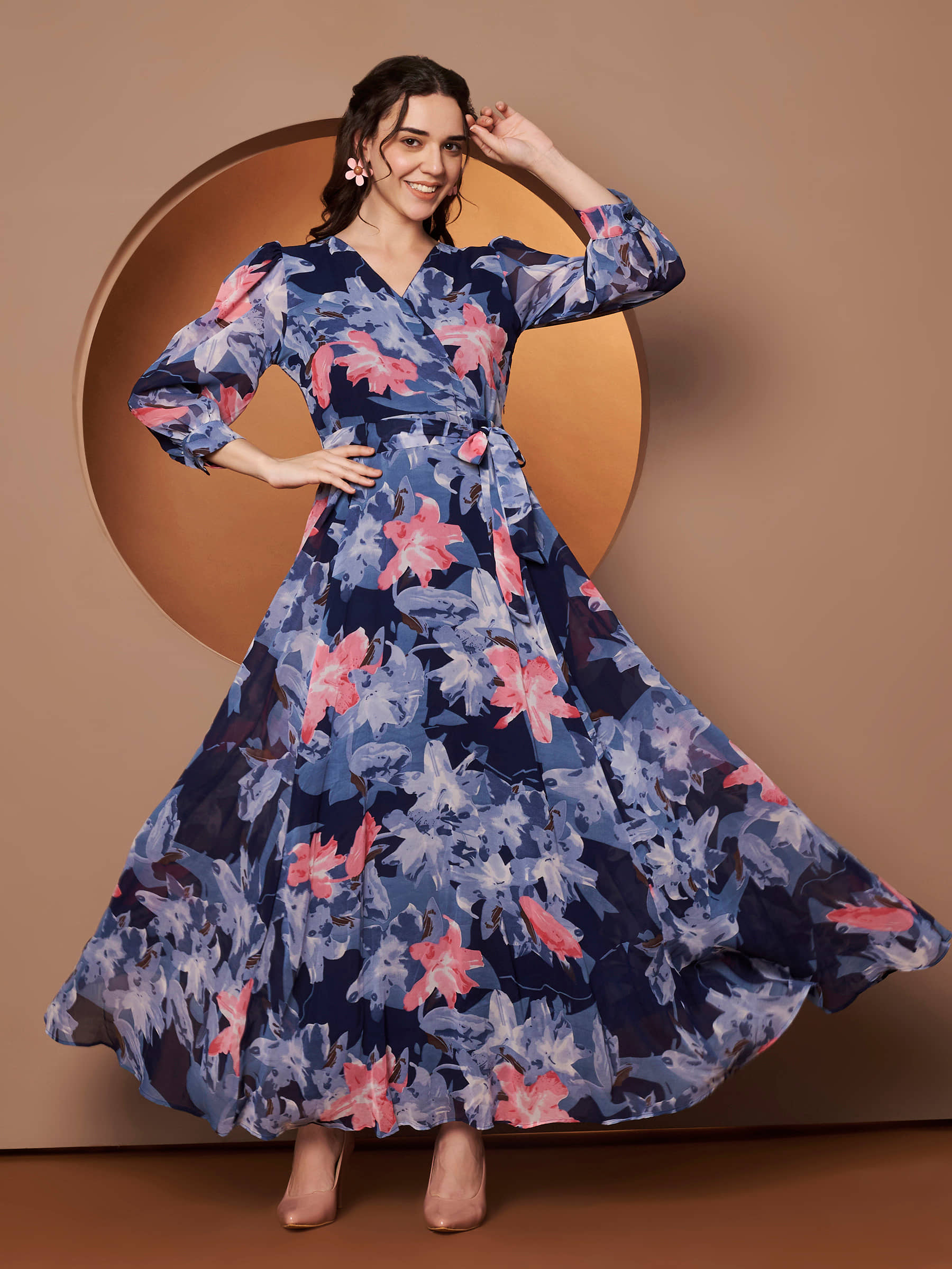 OTABU Women Georgette Printed Fit & Flare Dress ( Blue )