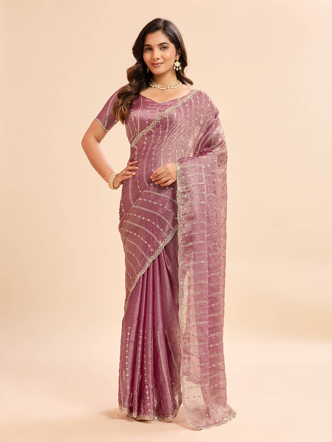 Kandora Chiffon Embroidered Regular Saree With Unstitched Blouse Piece ( Wine ) - Sarees | Buy online on ZillyBuy