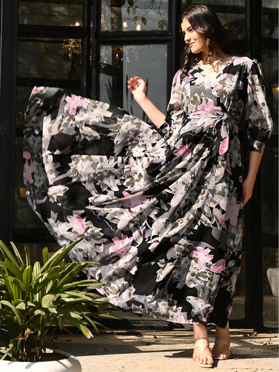 OTABU Women Georgette Printed Fit & Flare Dress ( Black )