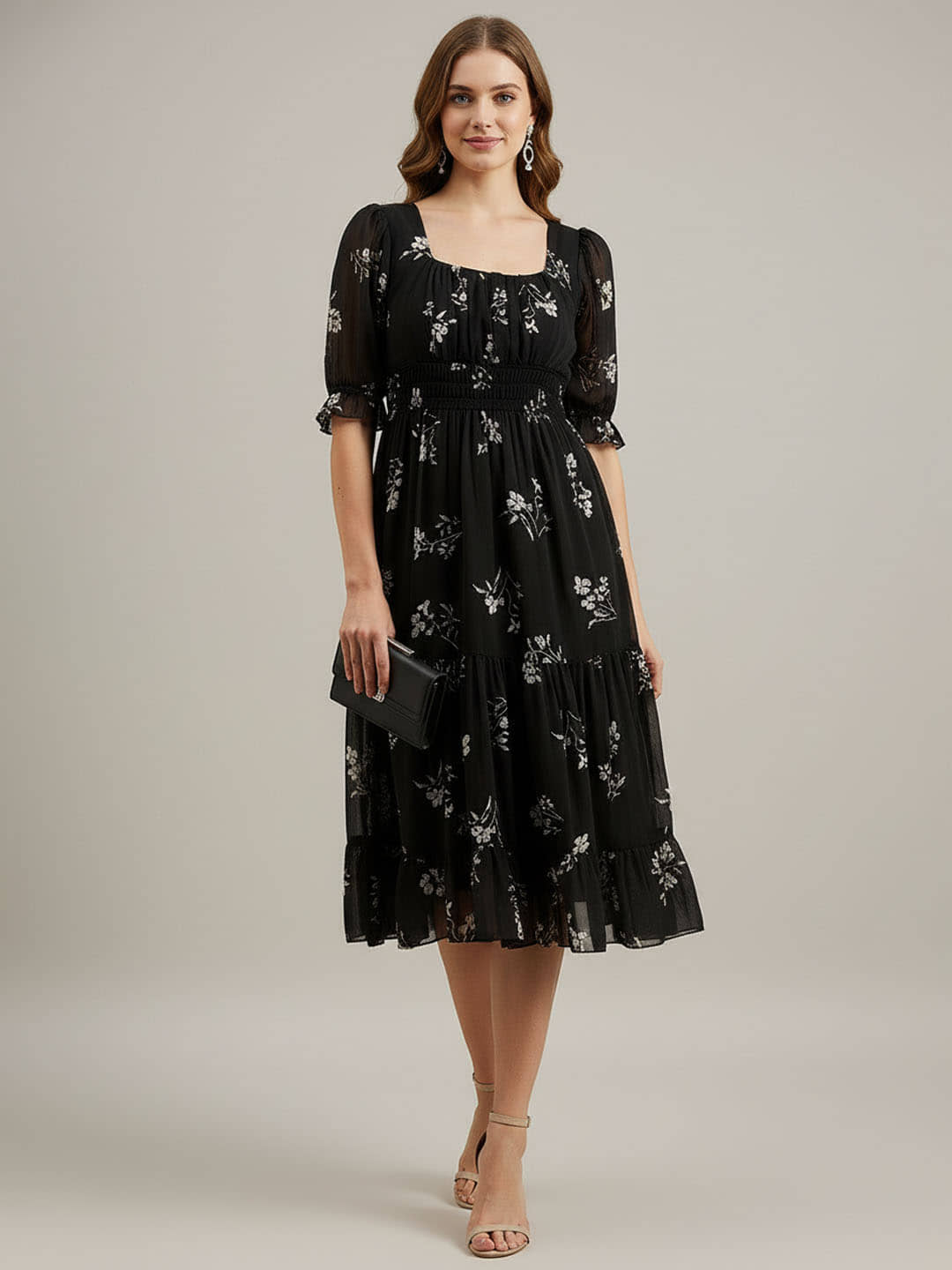 OTABU Women Viscose Rayon Printed Fit & Flare Dress ( Black )