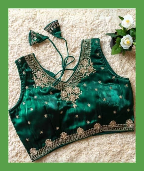 VYOM EMPORIO Silk Readymade with Pad Sweetheart Neck Women's Blouse ( Green )
