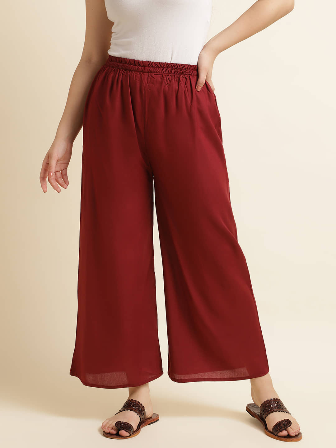 Fabclub Women Rayon Solid Palazzos ( Off White )