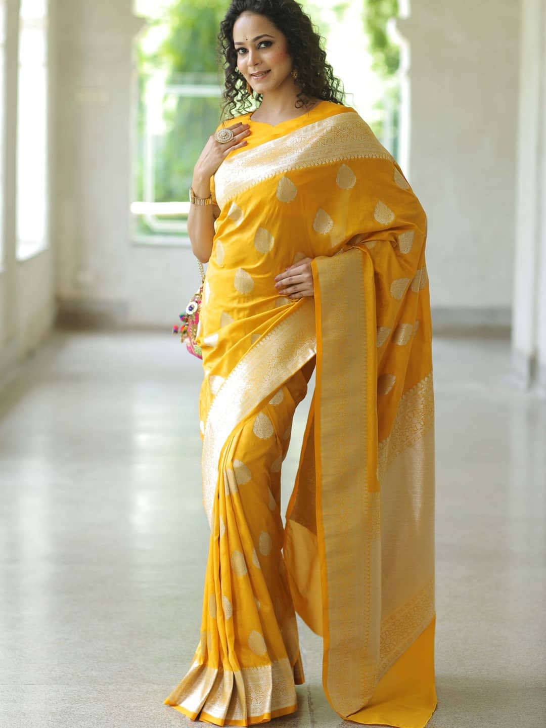 Vastukala Silk Woven Design Banarasi saree With Unstitched Blouse Piece ( Yellow ) - Sarees | Buy online on ZillyBuy