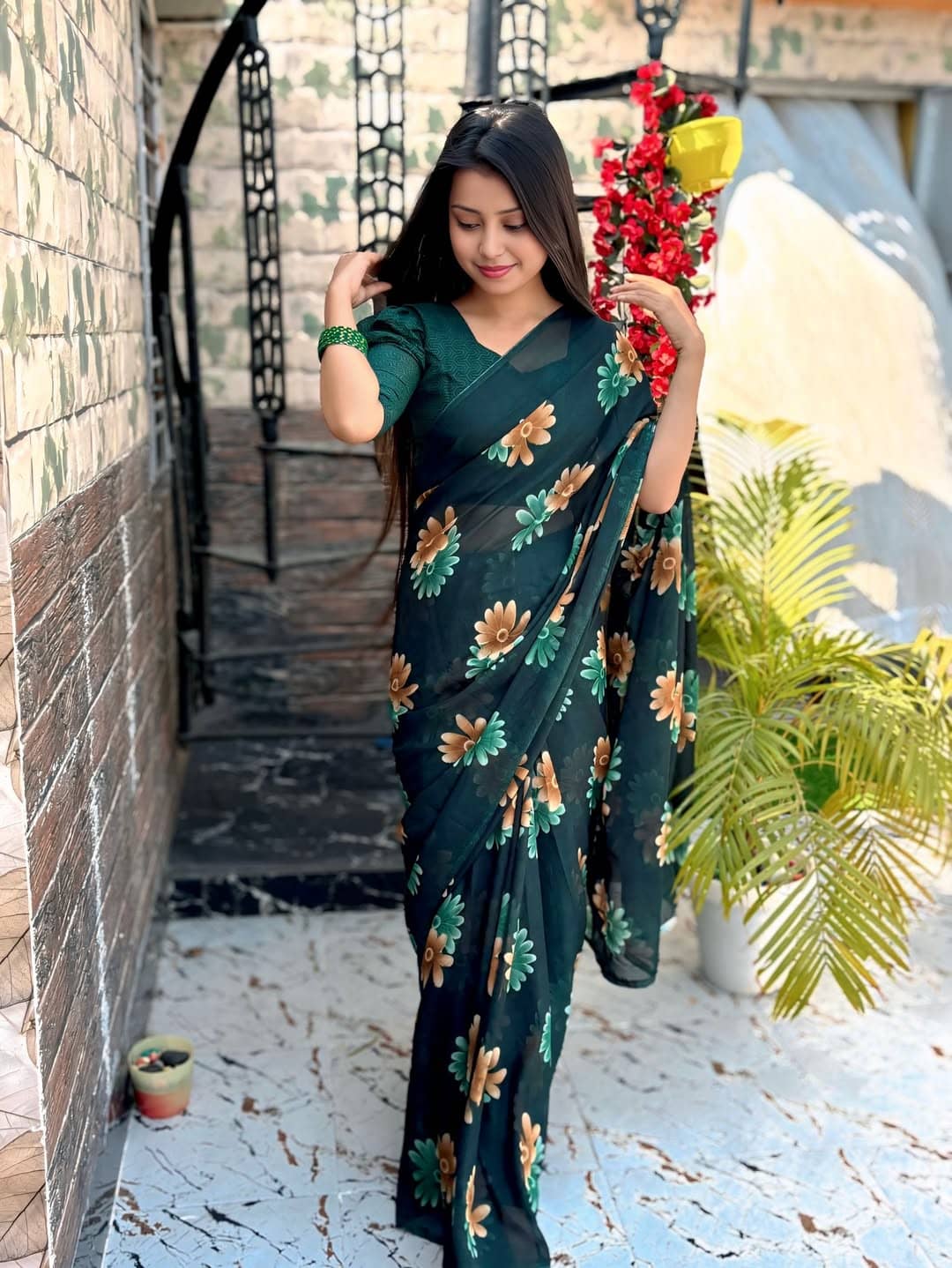 ANAND SAREES Georgette Printed Kasavu Saree With Unstitched Blouse Piece ( Green ) - Sarees | Buy online on ZillyBuy