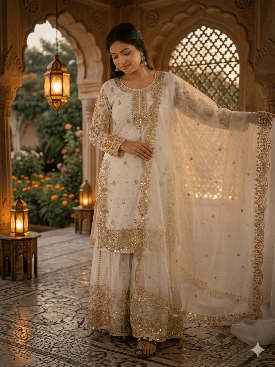 BHAGYASHRAY Women Silk Embroidered Straight Kurti With Patiala Salwar ( White )