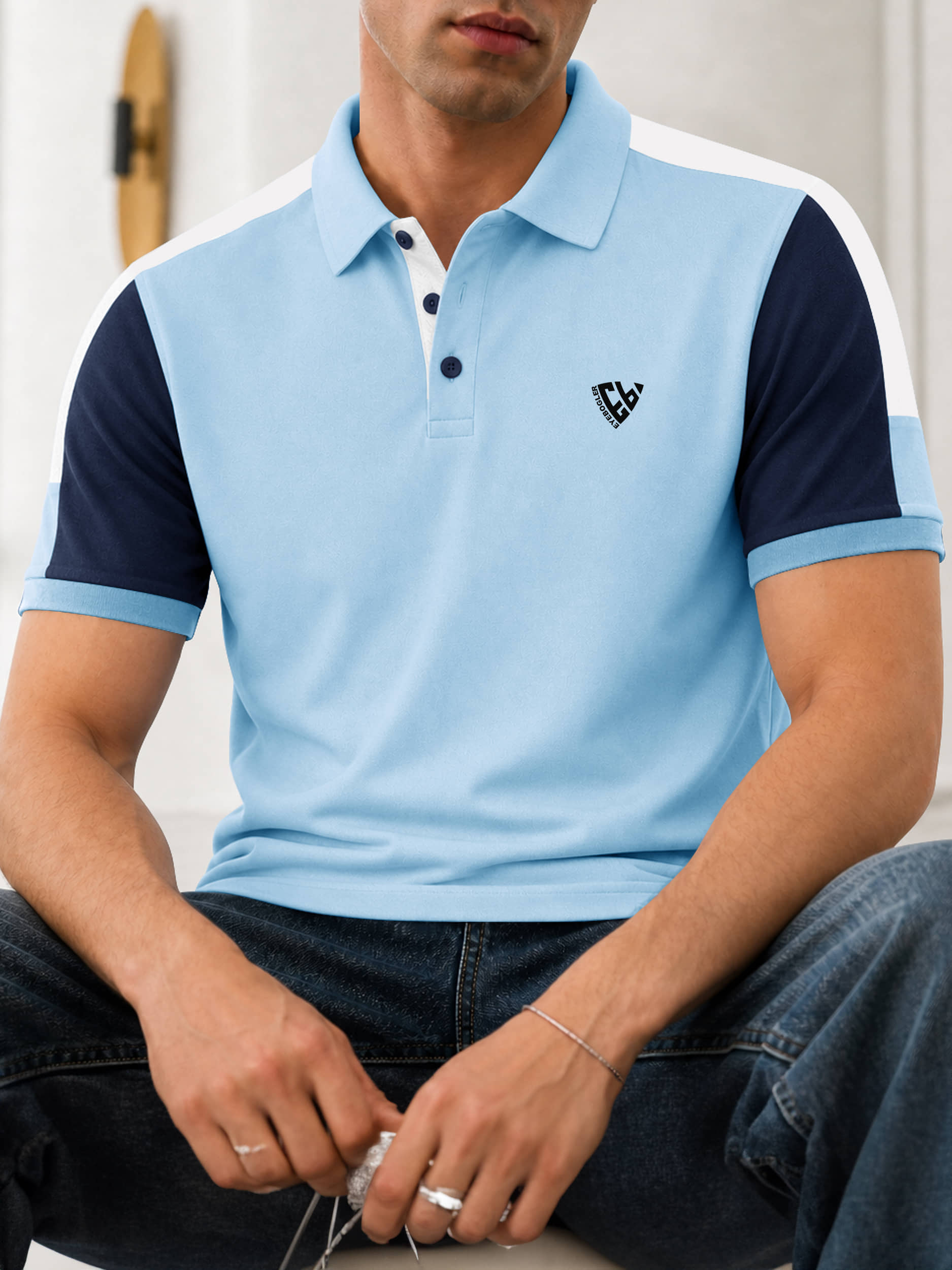 Eyebogler Men Cotton Blend Regular Fit Colorblock Polo T Shirt ( Blue )