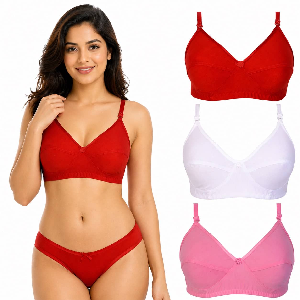 Ishant Pack of 3 Cotton Non Padded Everyday Bra For Women ( Red,Pink,White )
