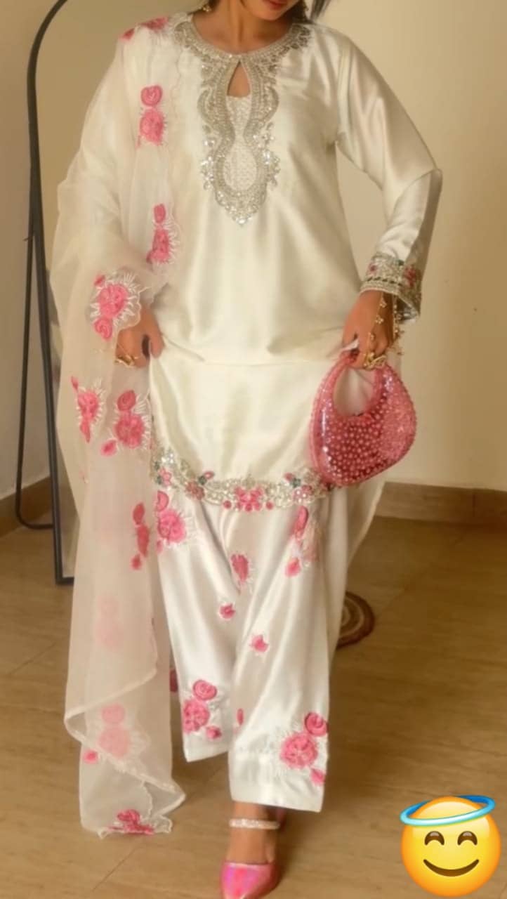 VYOM EMPORIO Women Silk Embellished Straight Kurti With Patiala Salwar ( White )