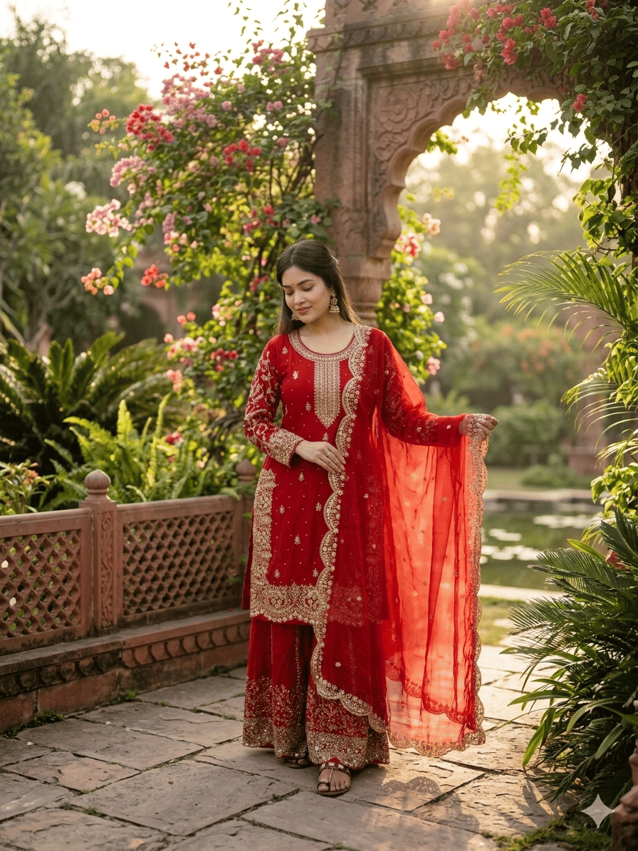 VYOM EMPORIO Women Silk Embroidered Straight Kurti With Patiala Salwar ( Red )