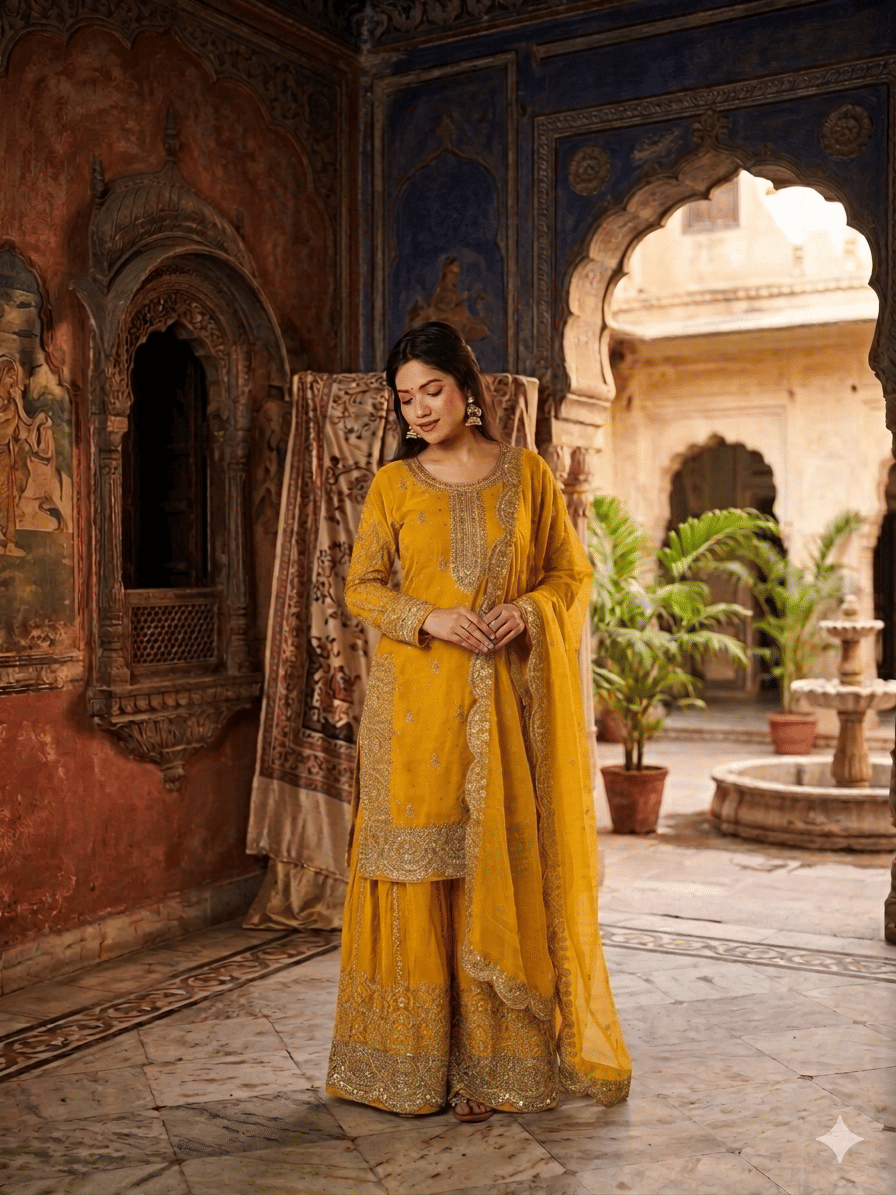 VYOM EMPORIO Women Silk Embroidered Straight Kurti With Patiala Salwar ( Yellow )
