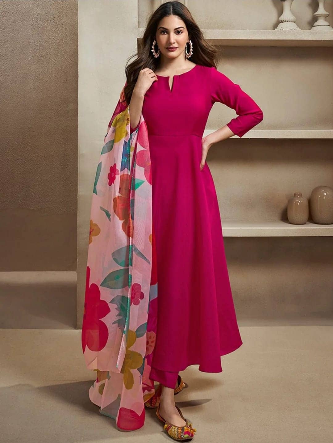 Women Basket Women Silk Blend Solid Anarkali Kurti With Pants ( Pink )
