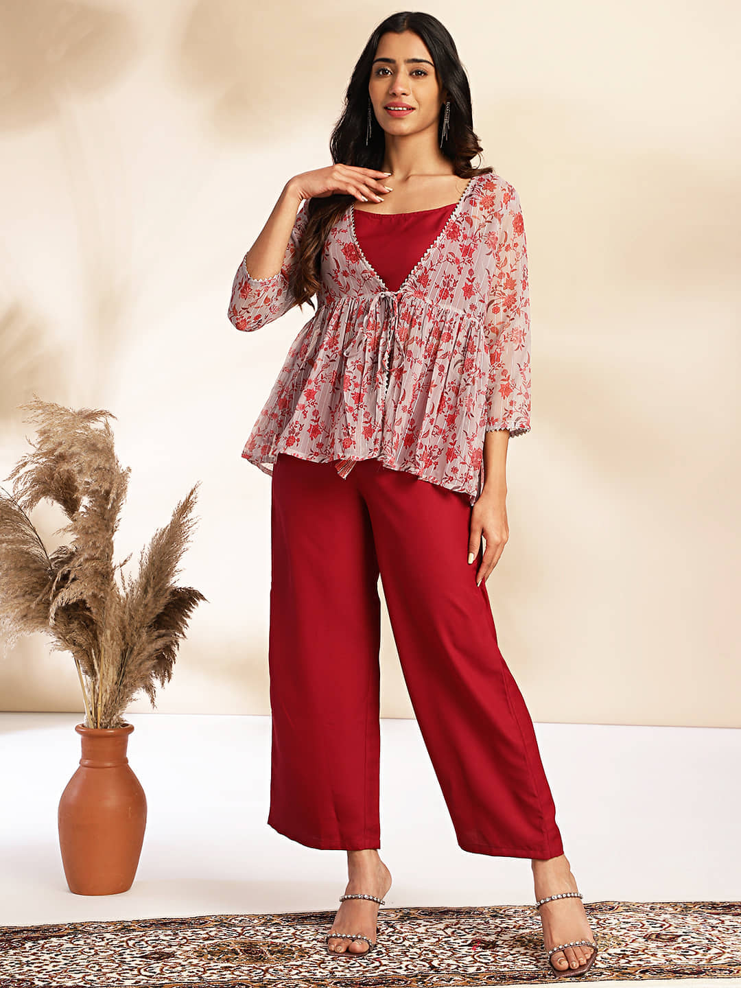 Janasya Women Printed Top With Trousers Co-Ord Set ( Wine )