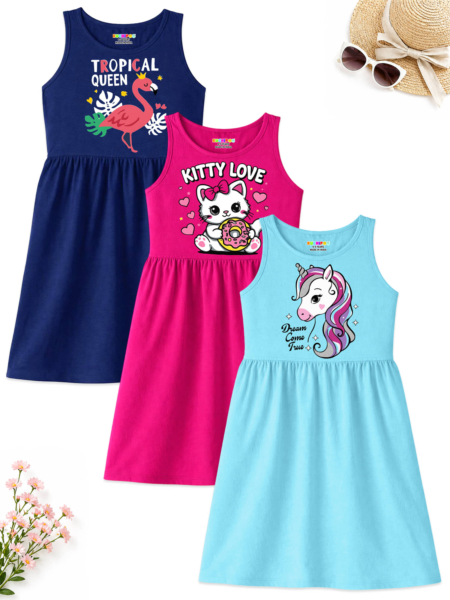 Kuchipoo Cotton Blend Dress For Girls ( Pack of 3 , Multicolor 8 )
