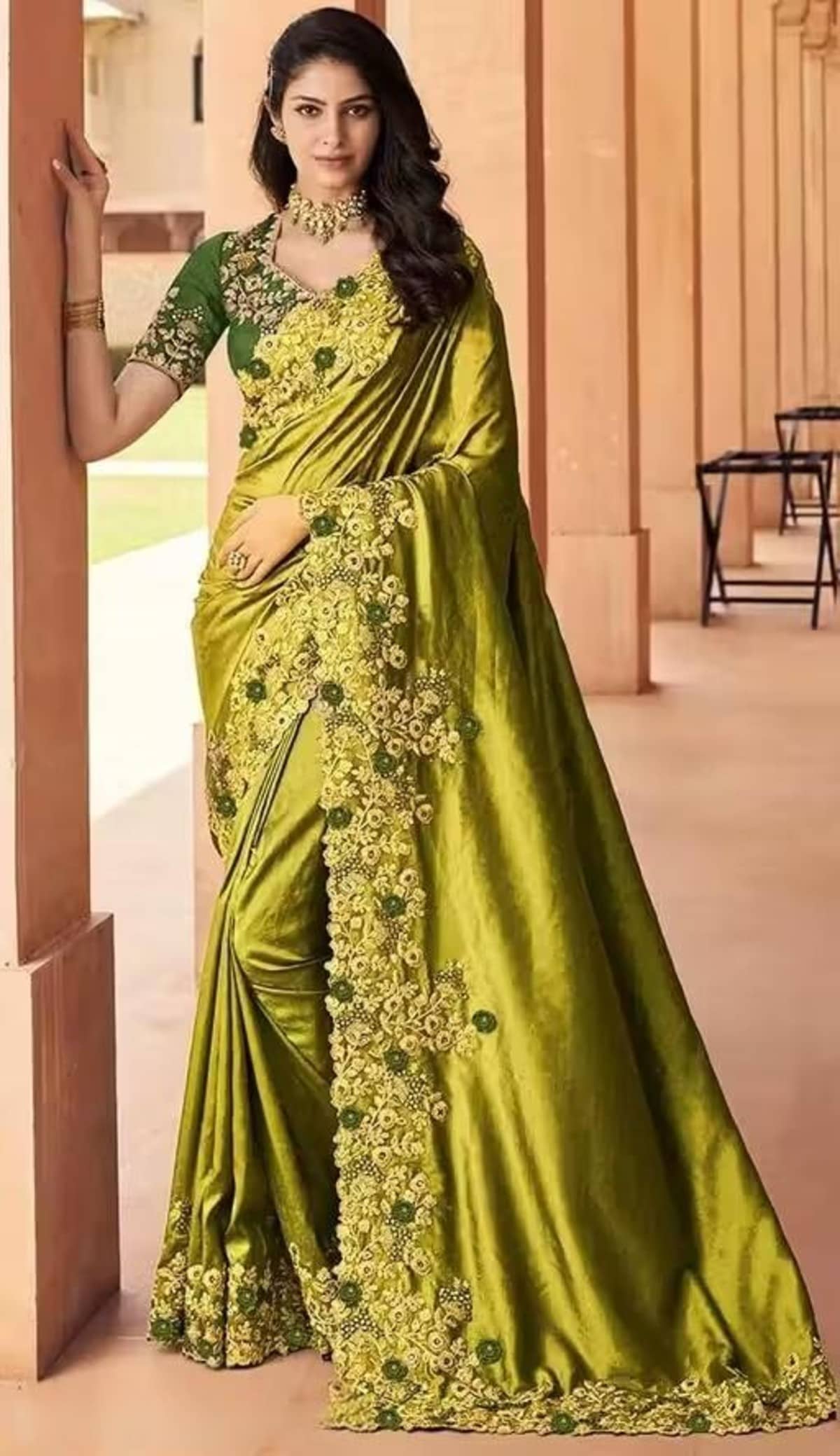 Malti Art Silk Embroidered Regular Saree With Unstitched Blouse Piece ( Olive ) - Sarees | Buy online on ZillyBuy