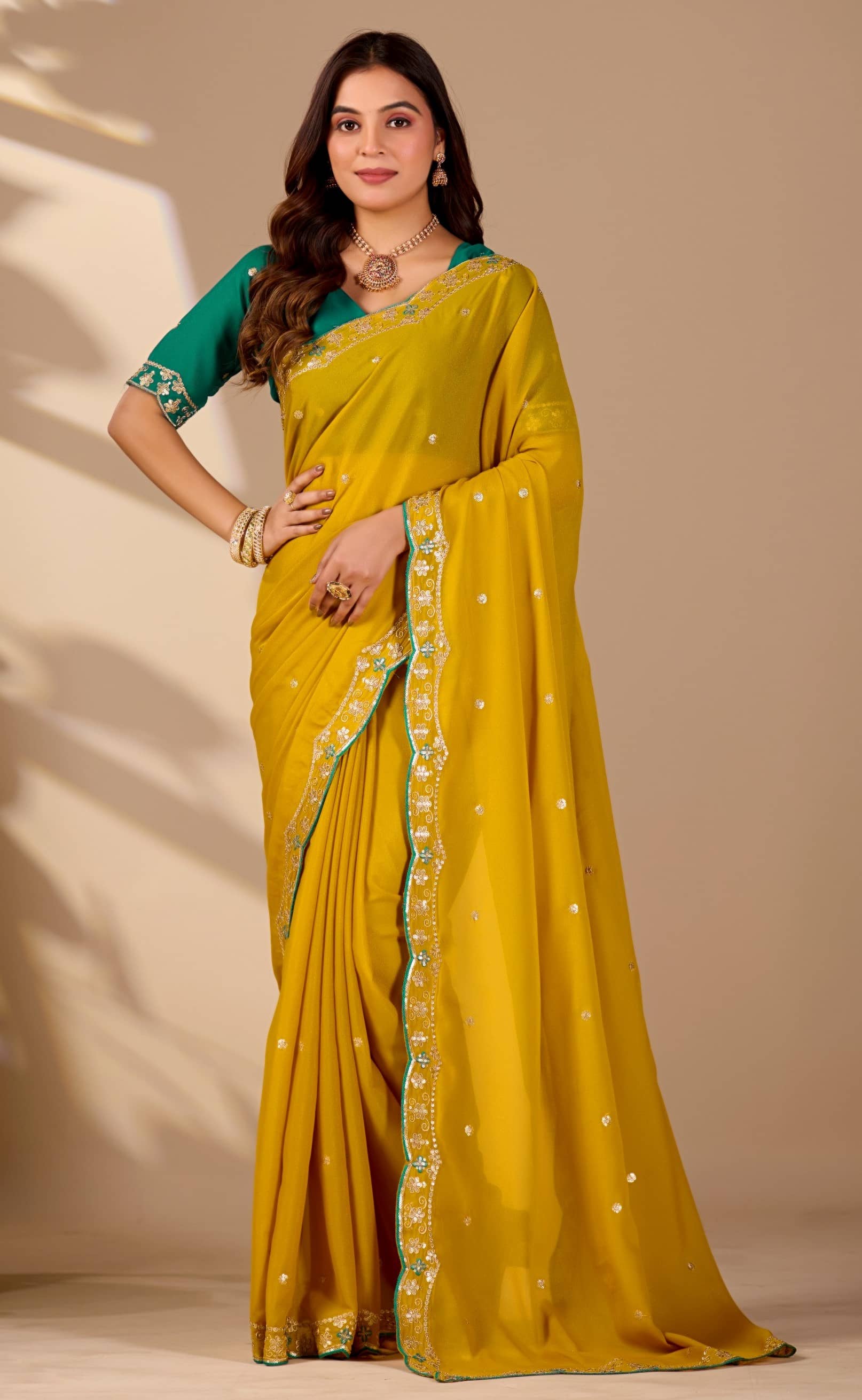 Malti Georgette Embroidered Banarasi saree With Unstitched Blouse Piece ( Yellow ) - Sarees | Buy online on ZillyBuy