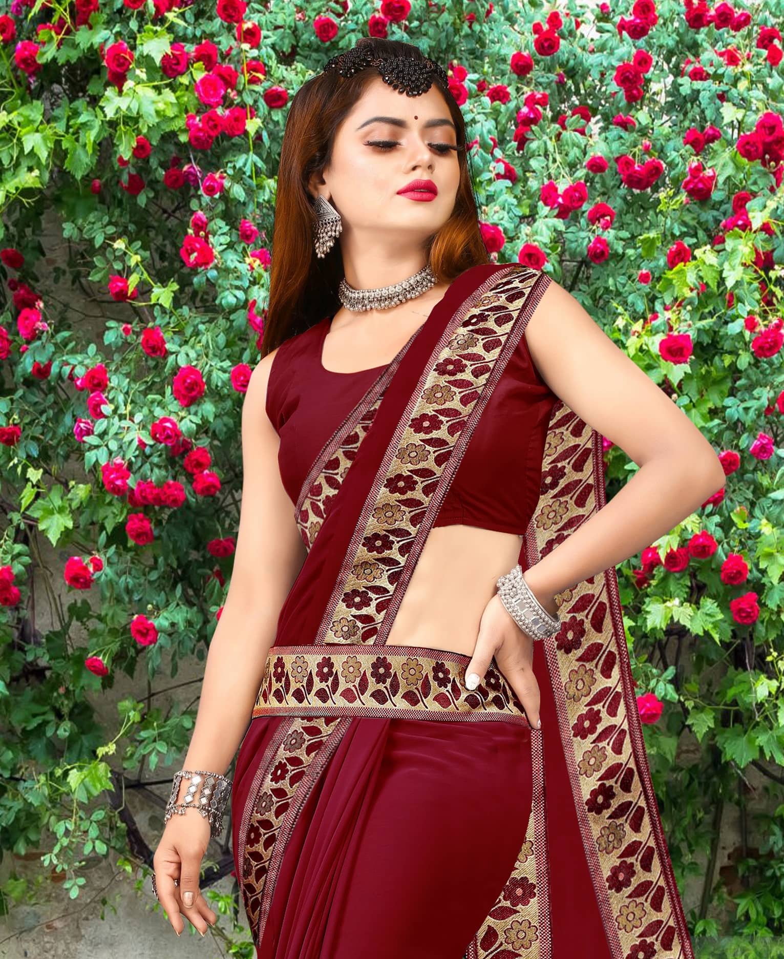 WXW Fashion Lycra Self Design Regular Saree With Unstitched Blouse Piece ( Maroon ) - Sarees | Buy online on ZillyBuy