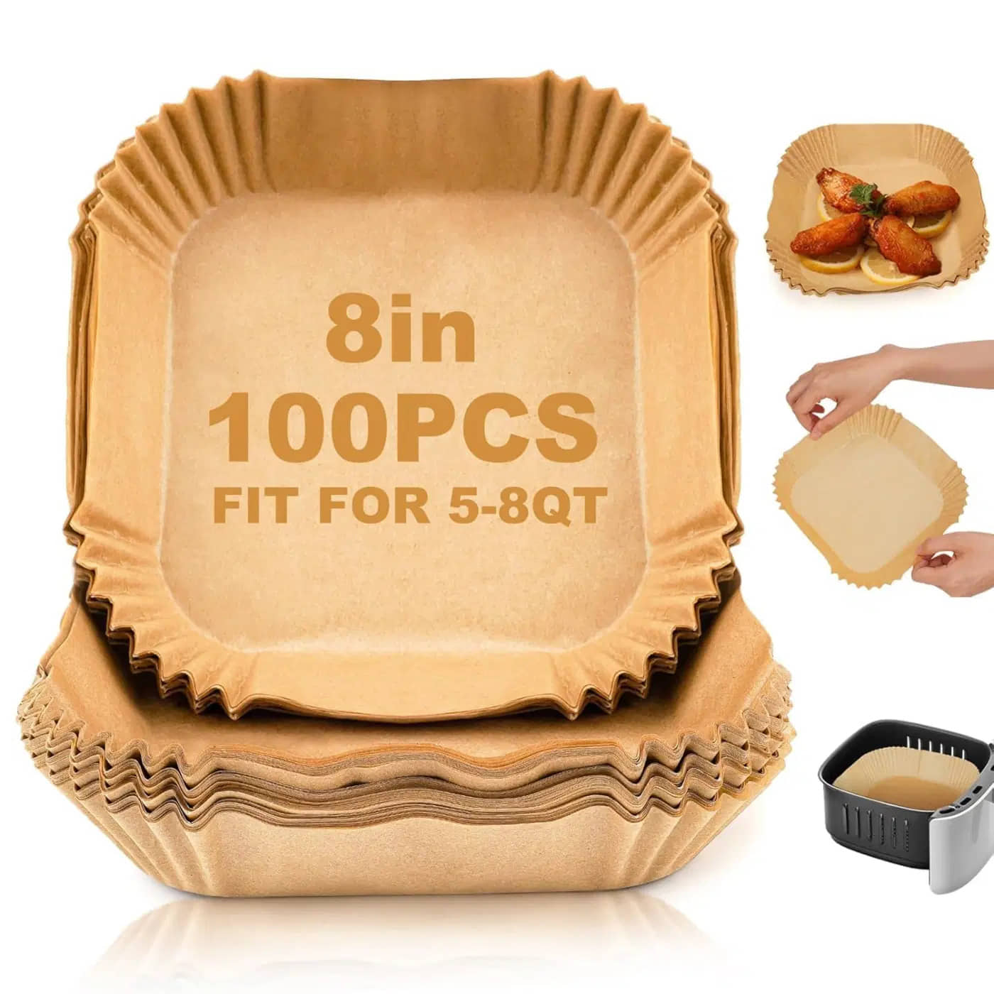 Air Fryer Liners 100 Pcs 8 Inch Square, Disposable Parchment Paper Baking Liners Non-Stick Oil-Proof Food Grade Paper, Perfect for 5-8 QT Air Fryer Basket, Oven, Microwave,