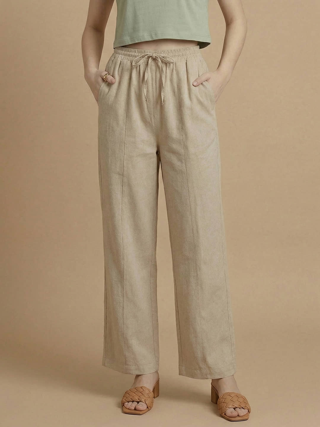 DE TRENDZ Women Cotton Korean Trousers ( Beige ) - Trousers | Buy online on ZillyBuy