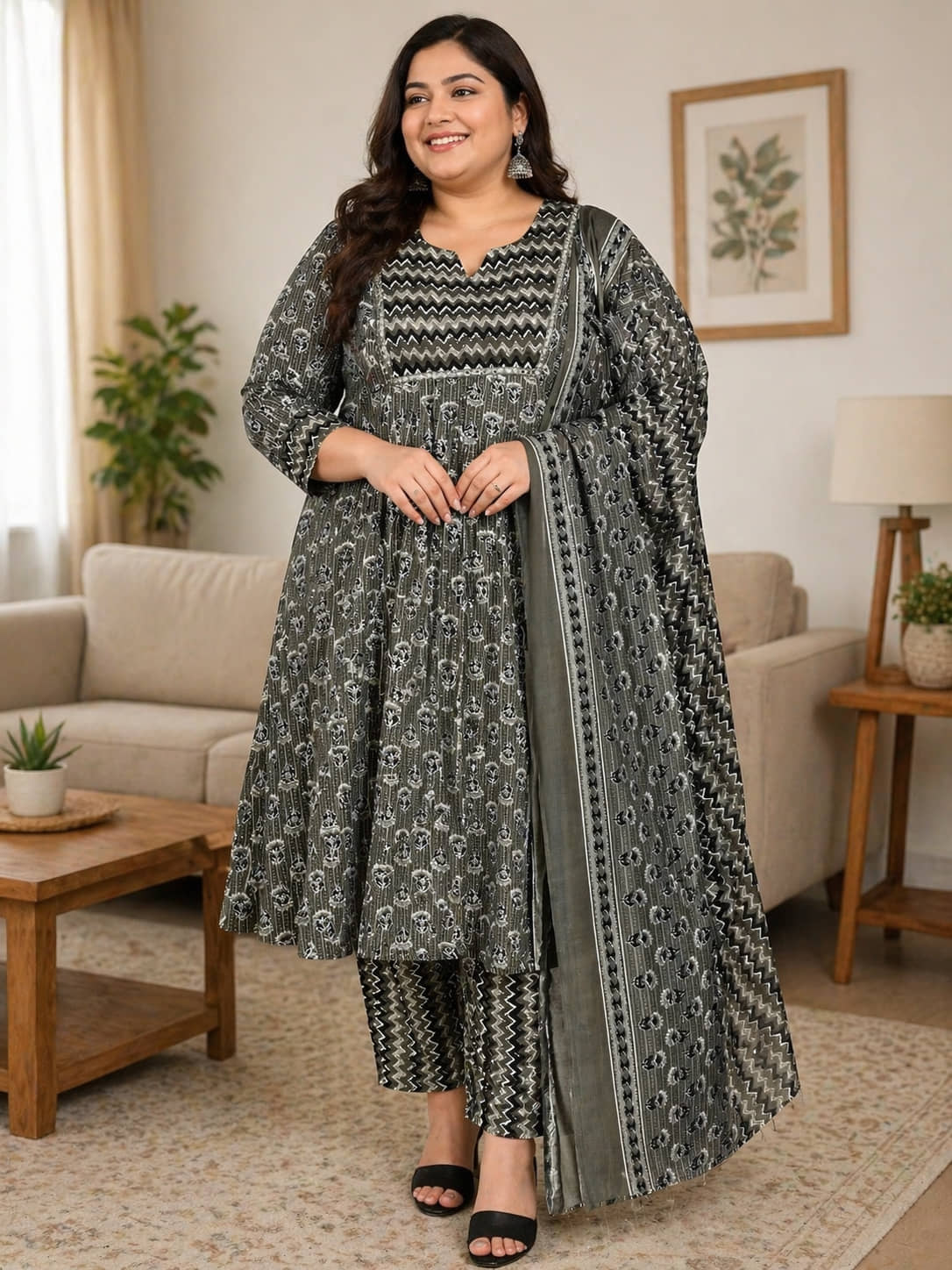 Wonder Weaves Women Cotton Blend Printed A-line Kurti With Pants ( Grey )