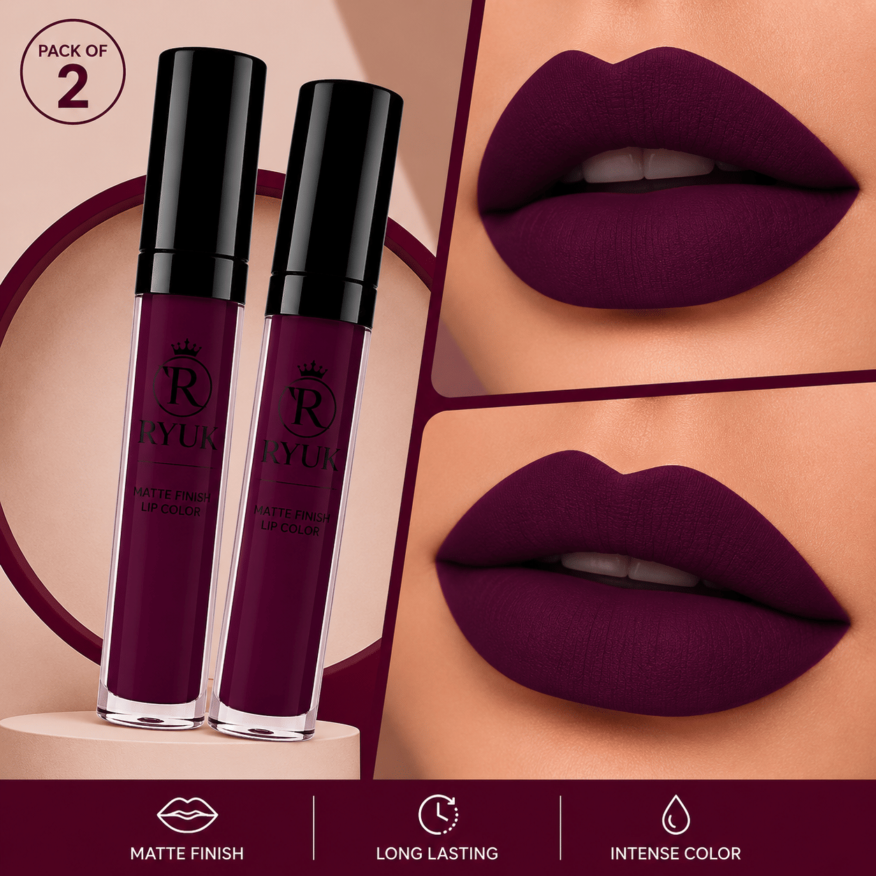 RYUK Wine Matte Smudge Free Liquid Lipstick ( Pack of 2 )