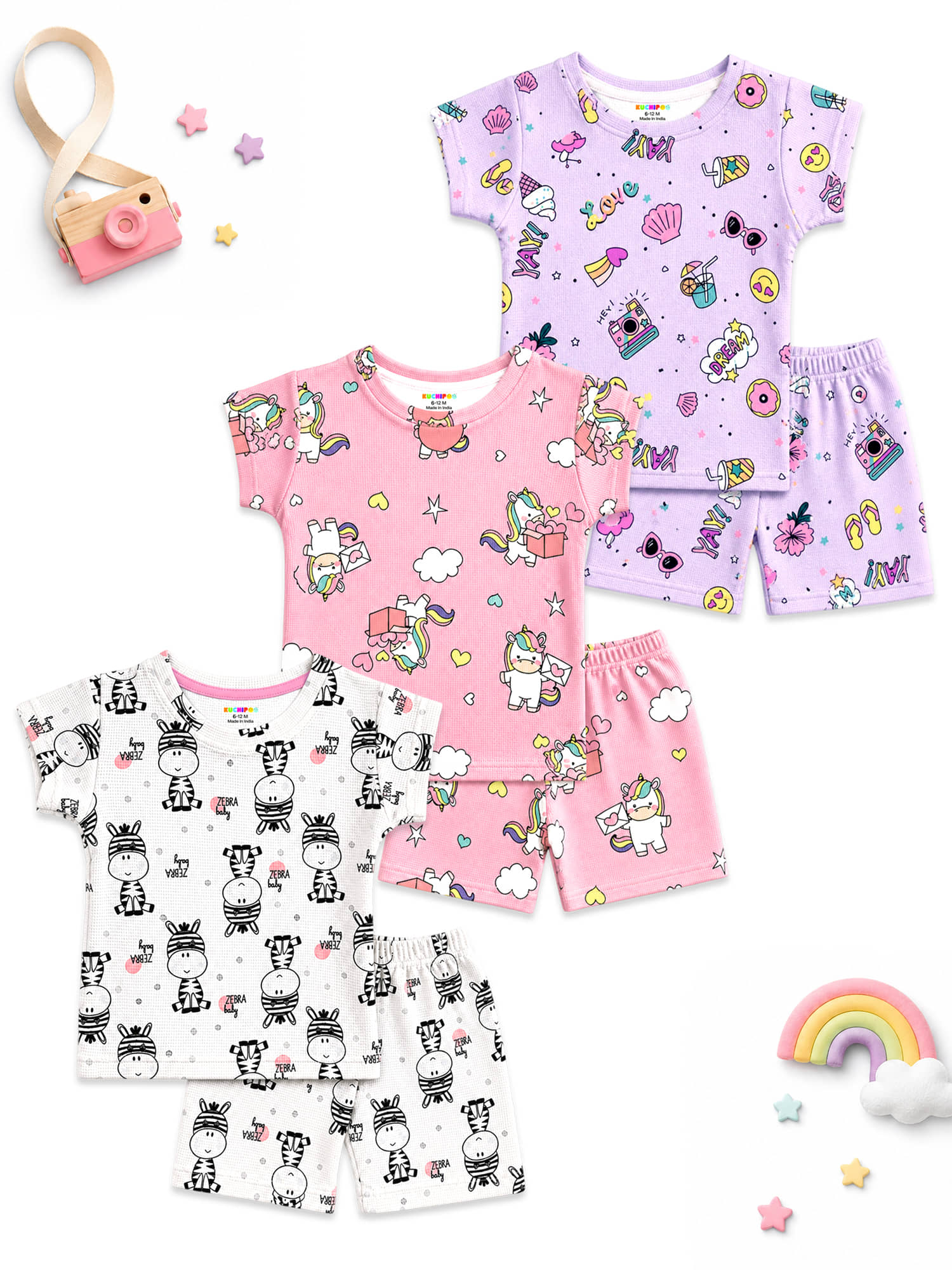 Kuchipoo Girls Cotton Blend T-shirt & Shorts Set ( Multicolor 1 , Pack of 3 )
