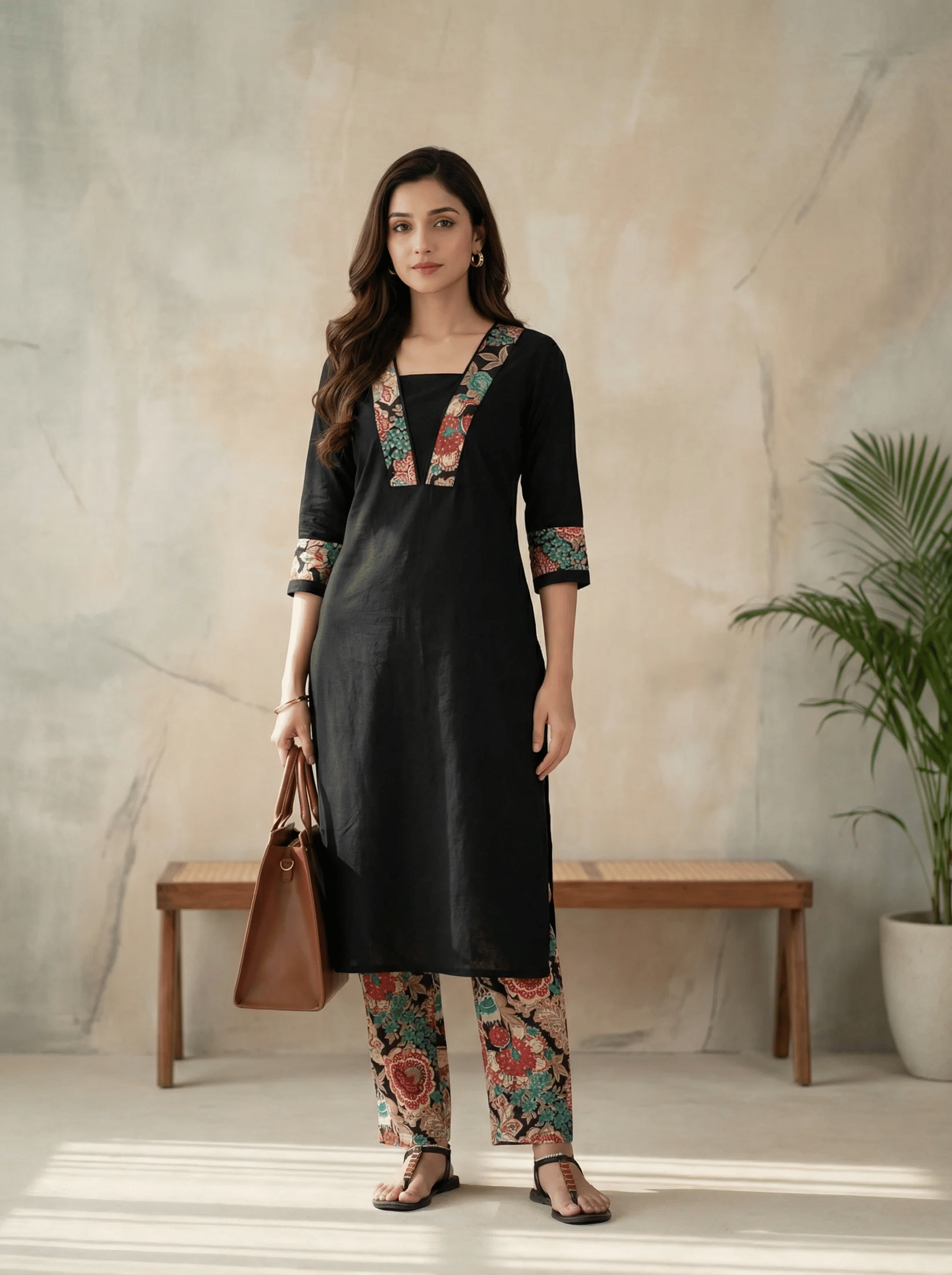 AK FASHION MALL Women Cotton Blend Printed Straight Kurti With Pants ( Black )