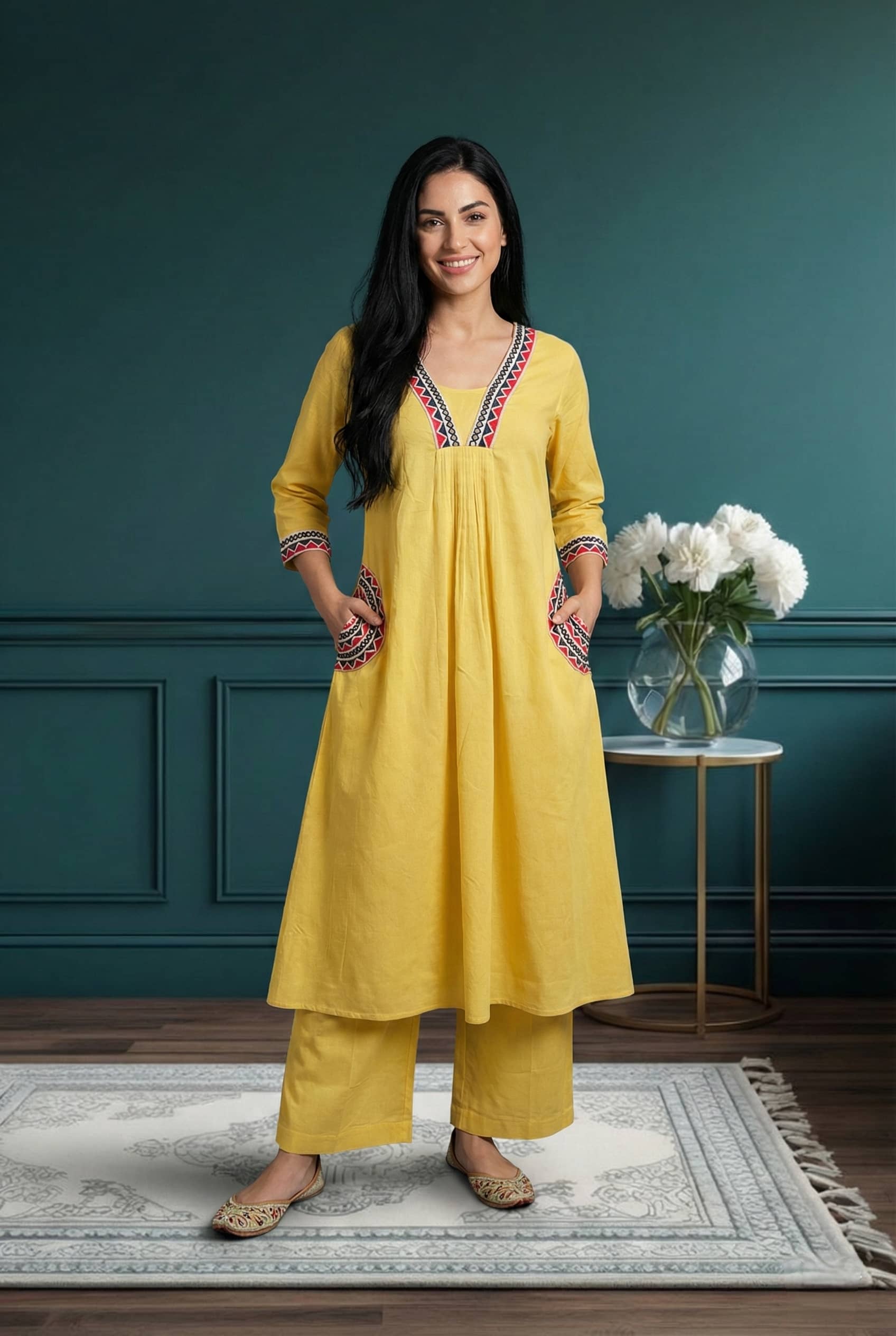 DSK STUDIO Women Cotton Blend Embroidered Flared Kurti With Pants ( Yellow )