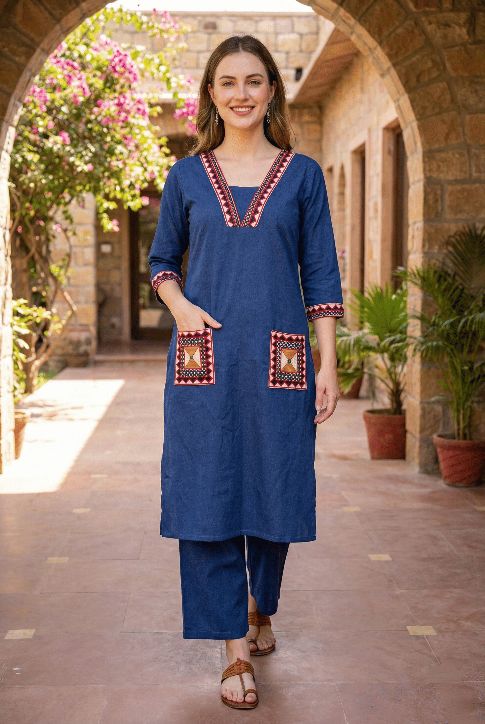 Hiva Trendz Women Cotton Blend Embroidered A-line Kurti With Pants ( Blue )