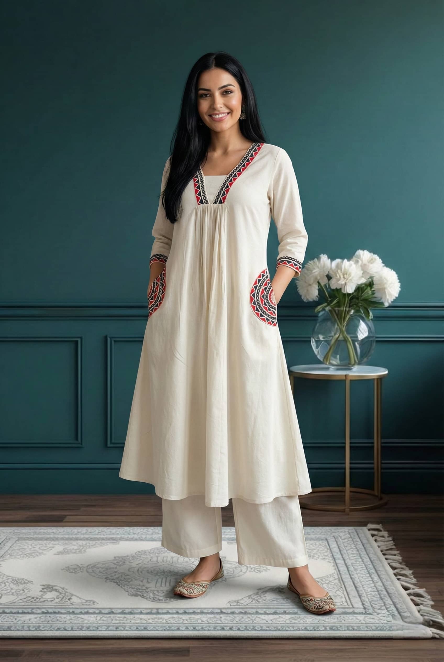 Hiva Trendz Women Cotton Blend Embroidered Flared Kurti With Pants ( White )