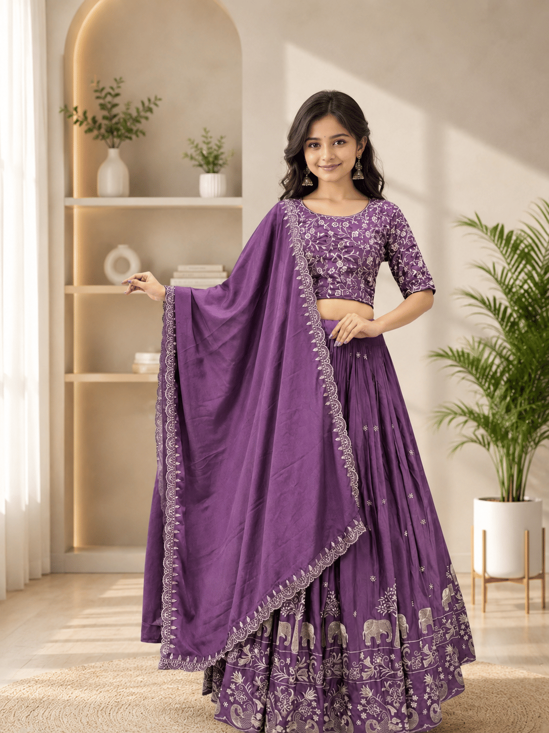 Keyura Silk Lehenga Choli Set For Girls ( Pack of 1 , Purple )